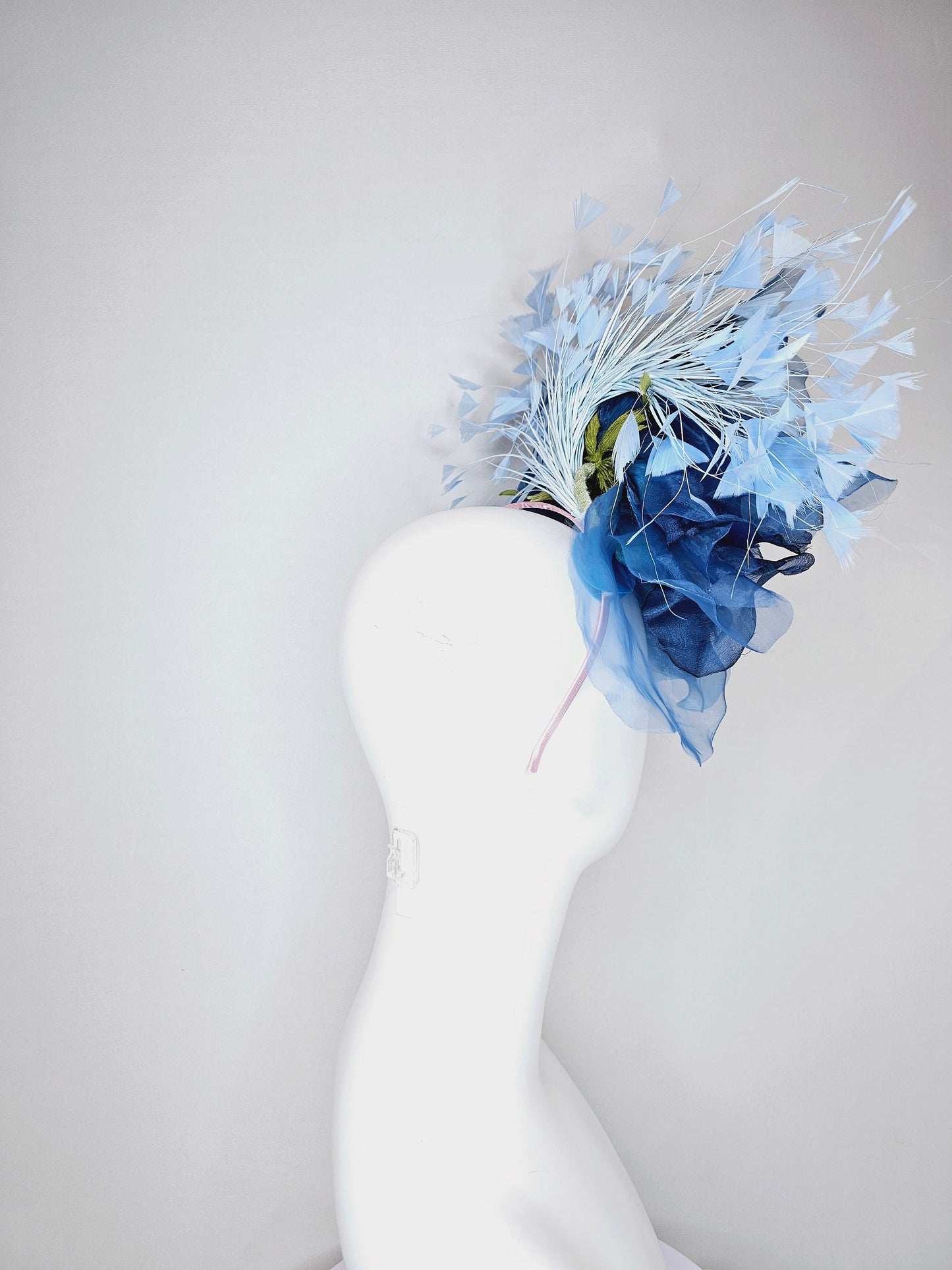 kentucky derby hat fascinator navy blue ombre organza rose flower light  blue feathers