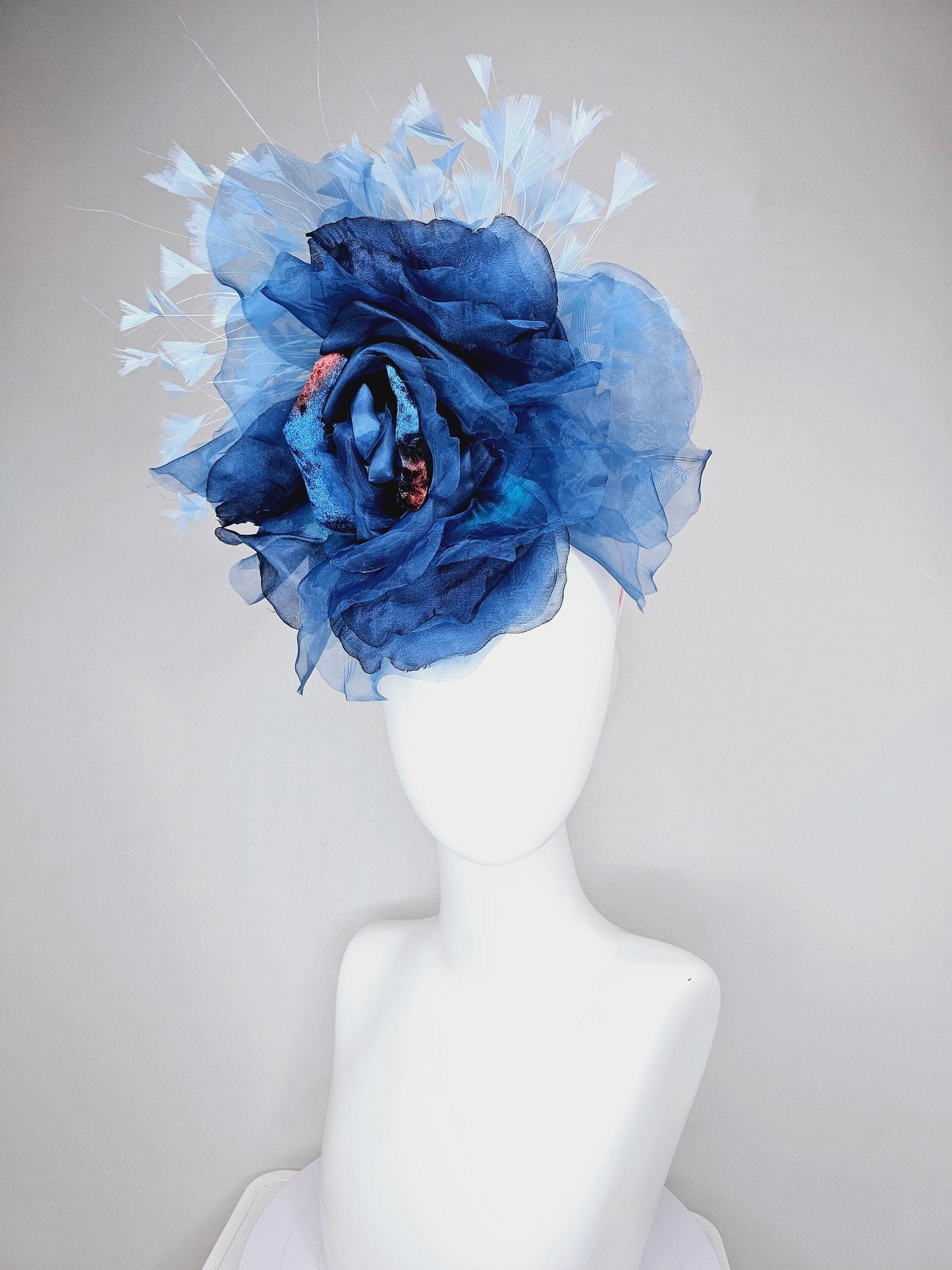 kentucky derby hat fascinator navy blue ombre organza rose flower light  blue feathers