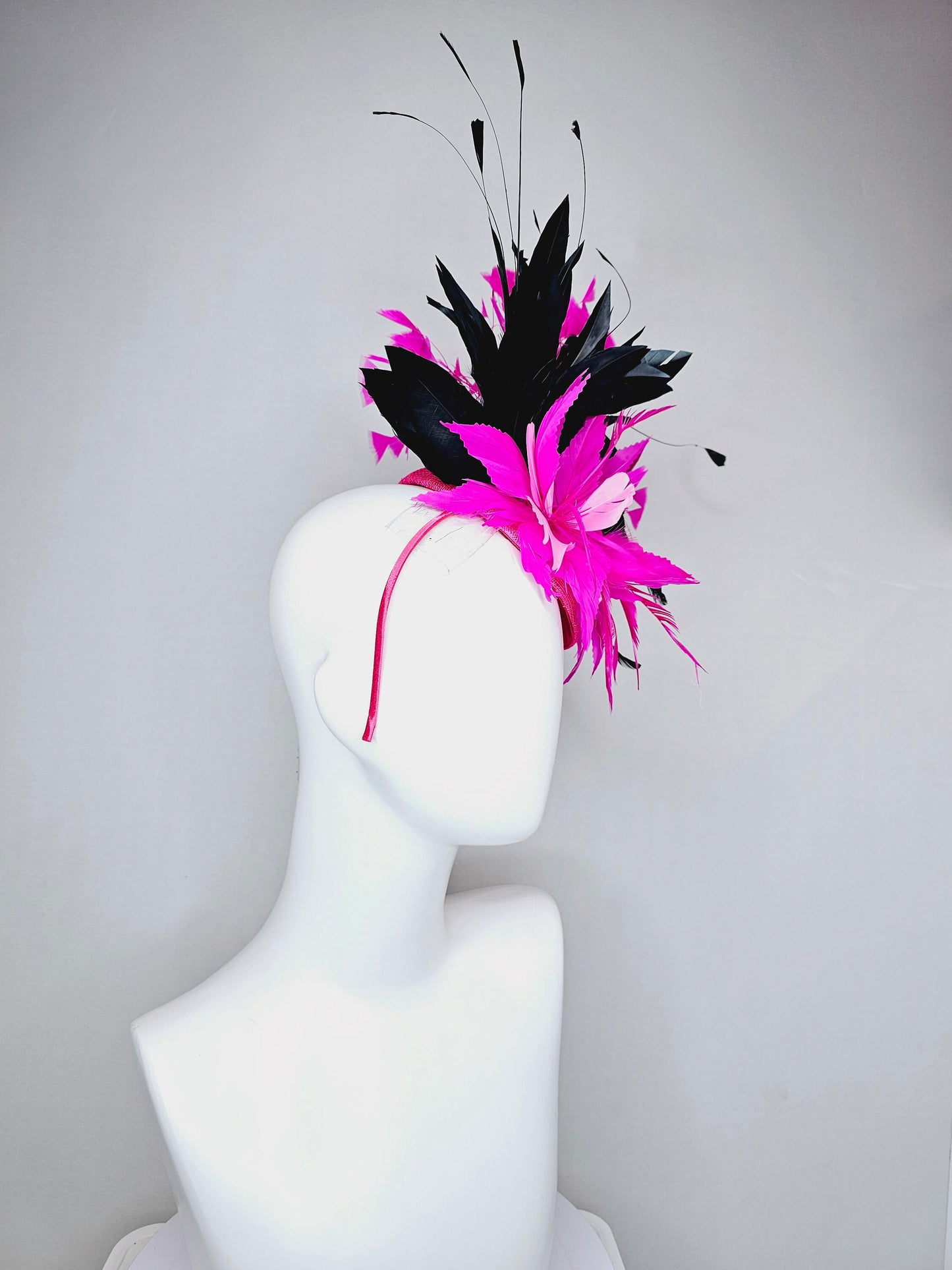 kentucky derby hat fascinator hot pink fuchsia magenta sinamay and feather floweer with black and bright pink feathers