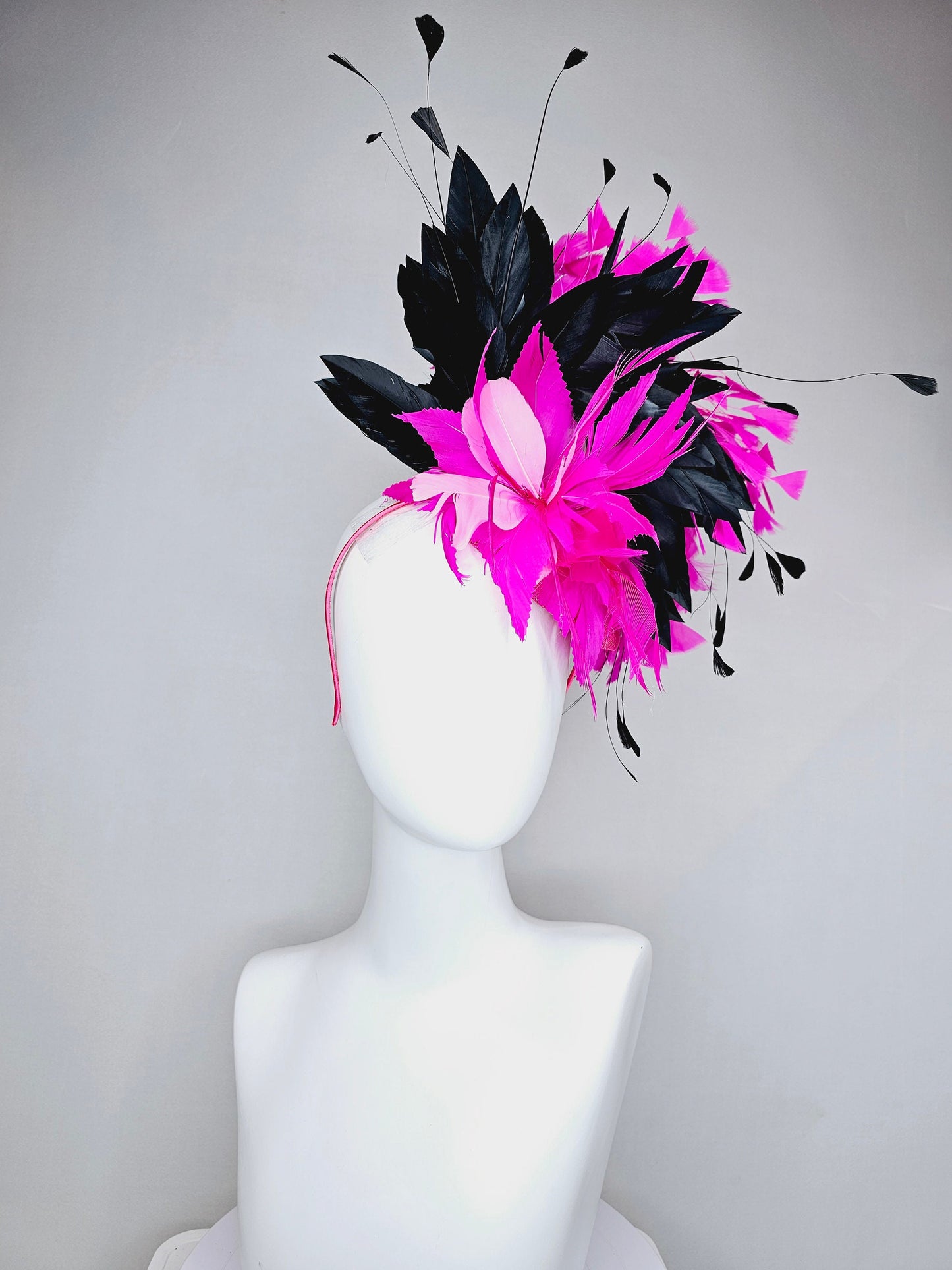 kentucky derby hat fascinator hot pink fuchsia magenta sinamay and feather floweer with black and bright pink feathers