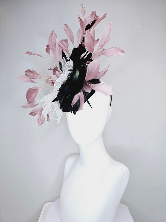 kentucky derby hat fascinator black sinamay  with black and beige neutral feathers with white chiffon flower with beading