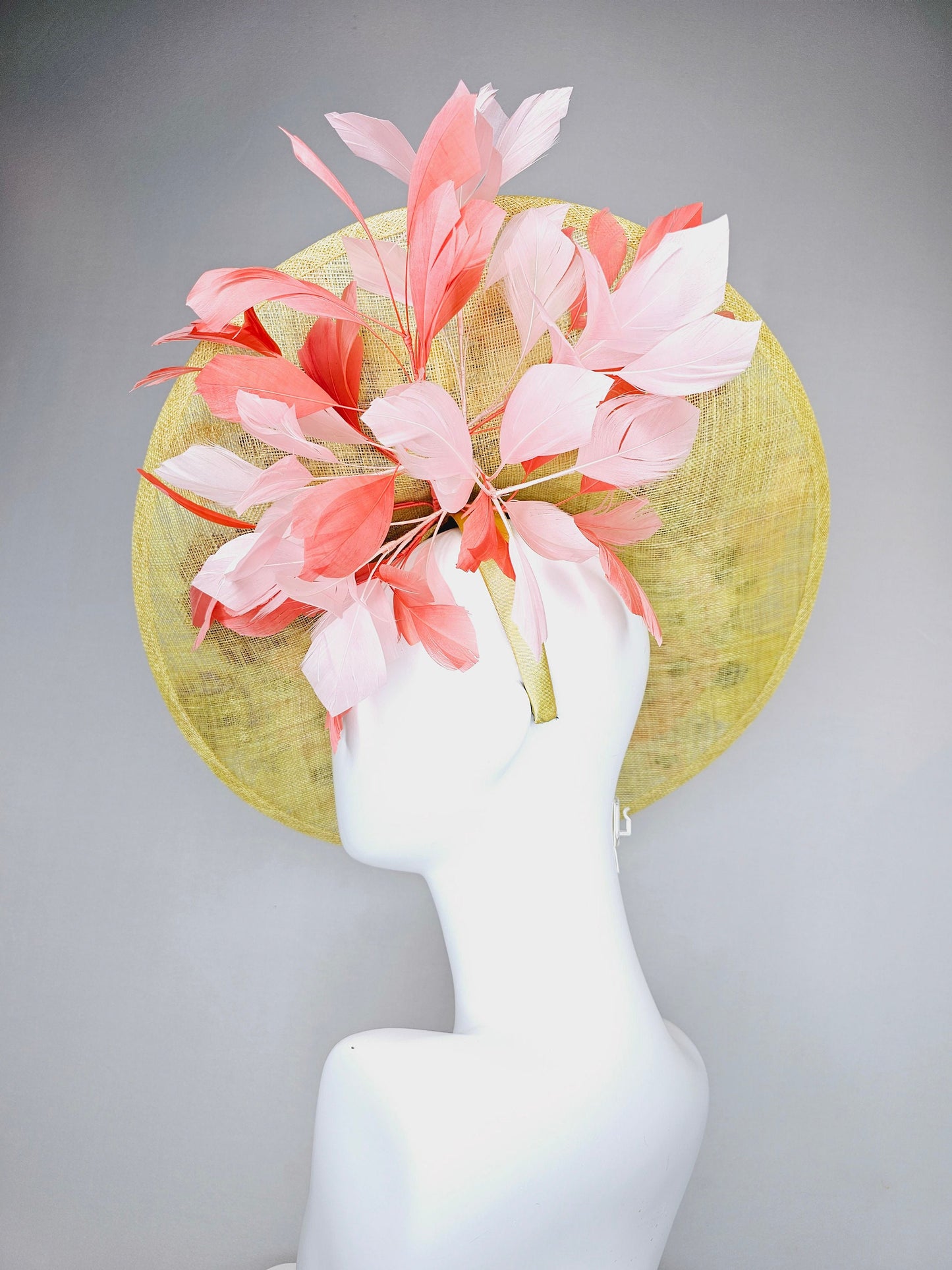 kentucky derby hat fascinator large yellow saucer sinamay rainbow red orange green pink embroidered flowers  pink coral branching feathers