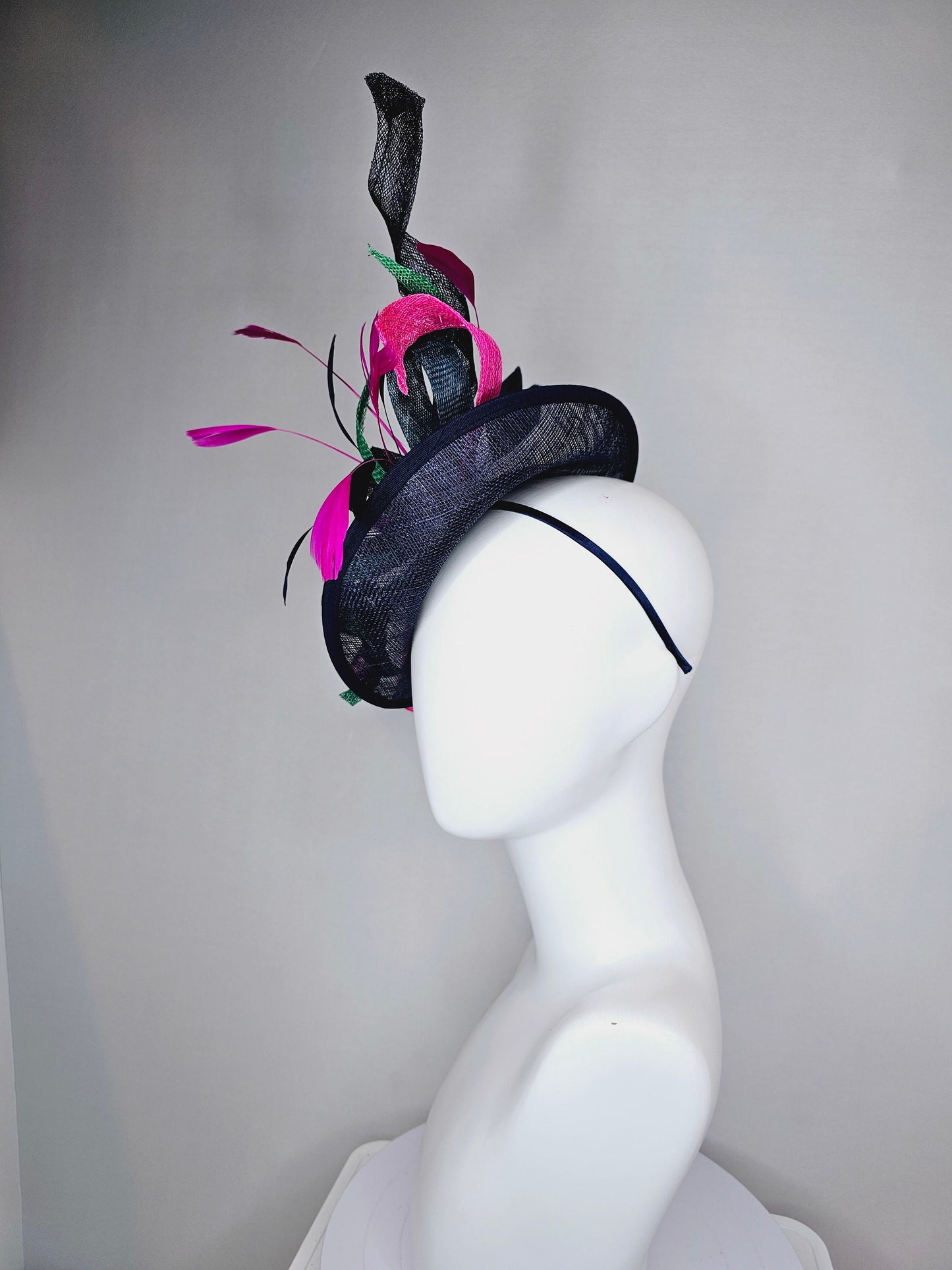 kentucky derby hat fascinator dark navy  sinamay with curls green blue sinamay curls pink feathers