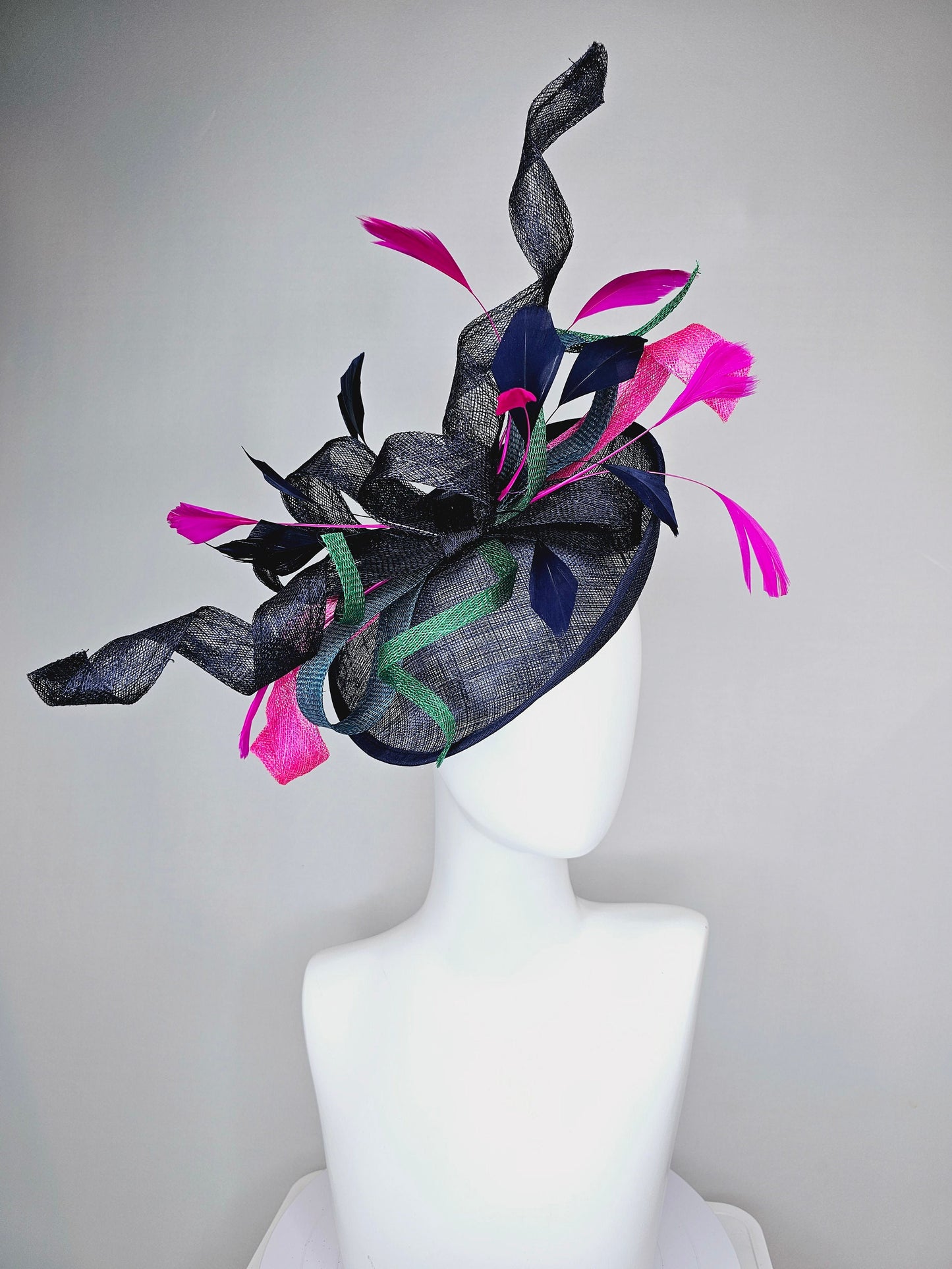 kentucky derby hat fascinator dark navy  sinamay with curls green blue sinamay curls pink feathers