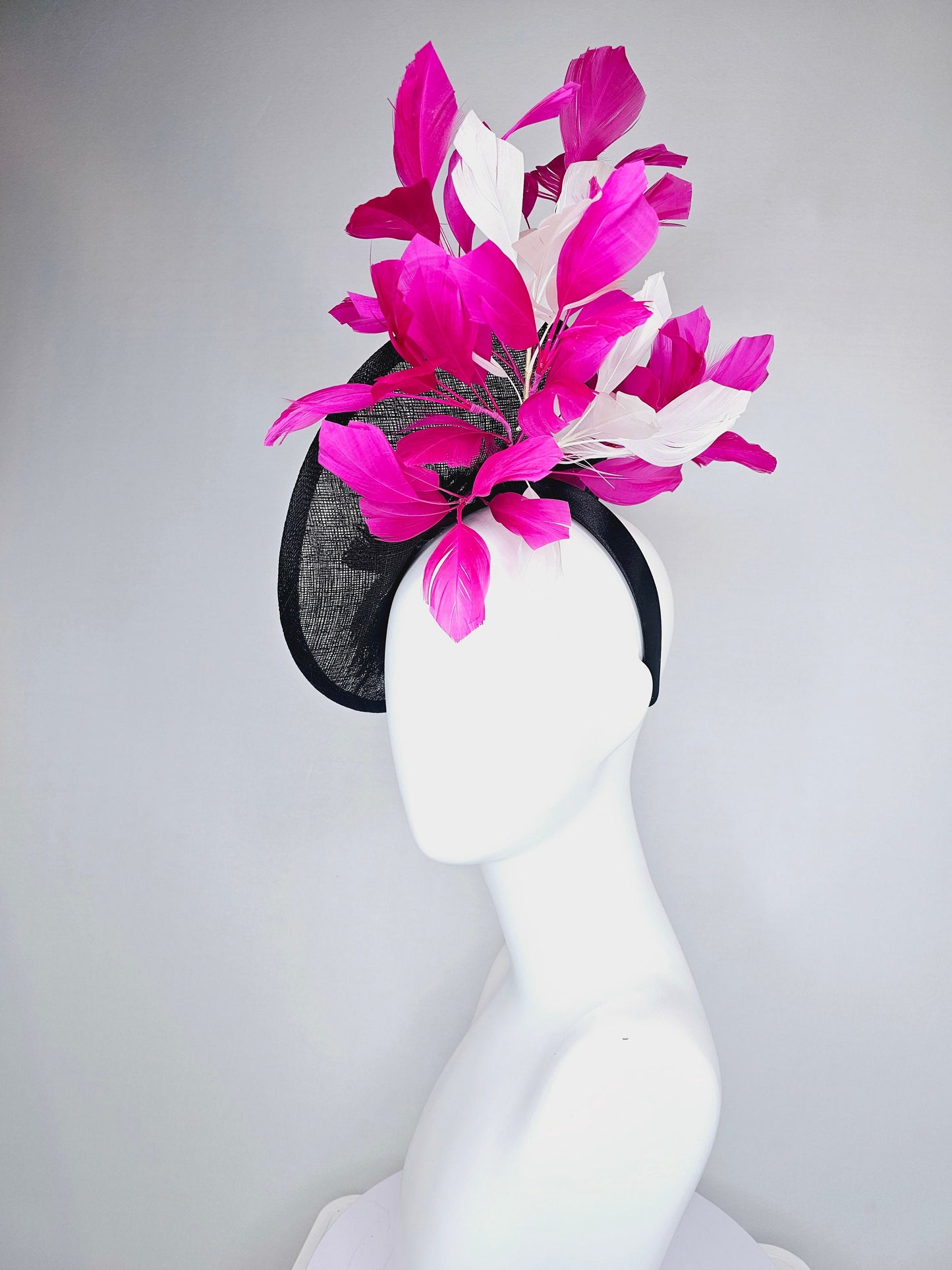 kentucky derby hat fascinator black sinamay saucer with beaded embroidered white black silver horse pink feathers