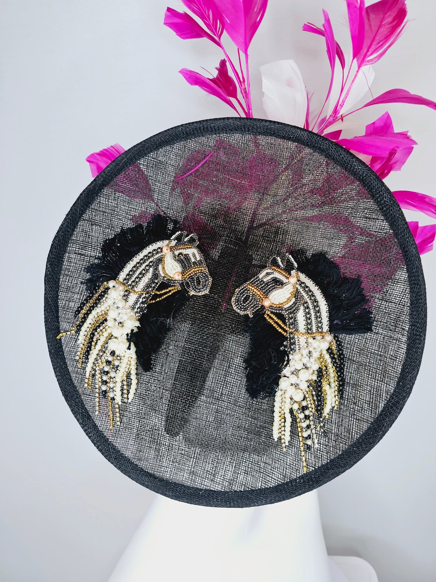 kentucky derby hat fascinator black sinamay saucer with beaded embroidered white black silver horse pink feathers