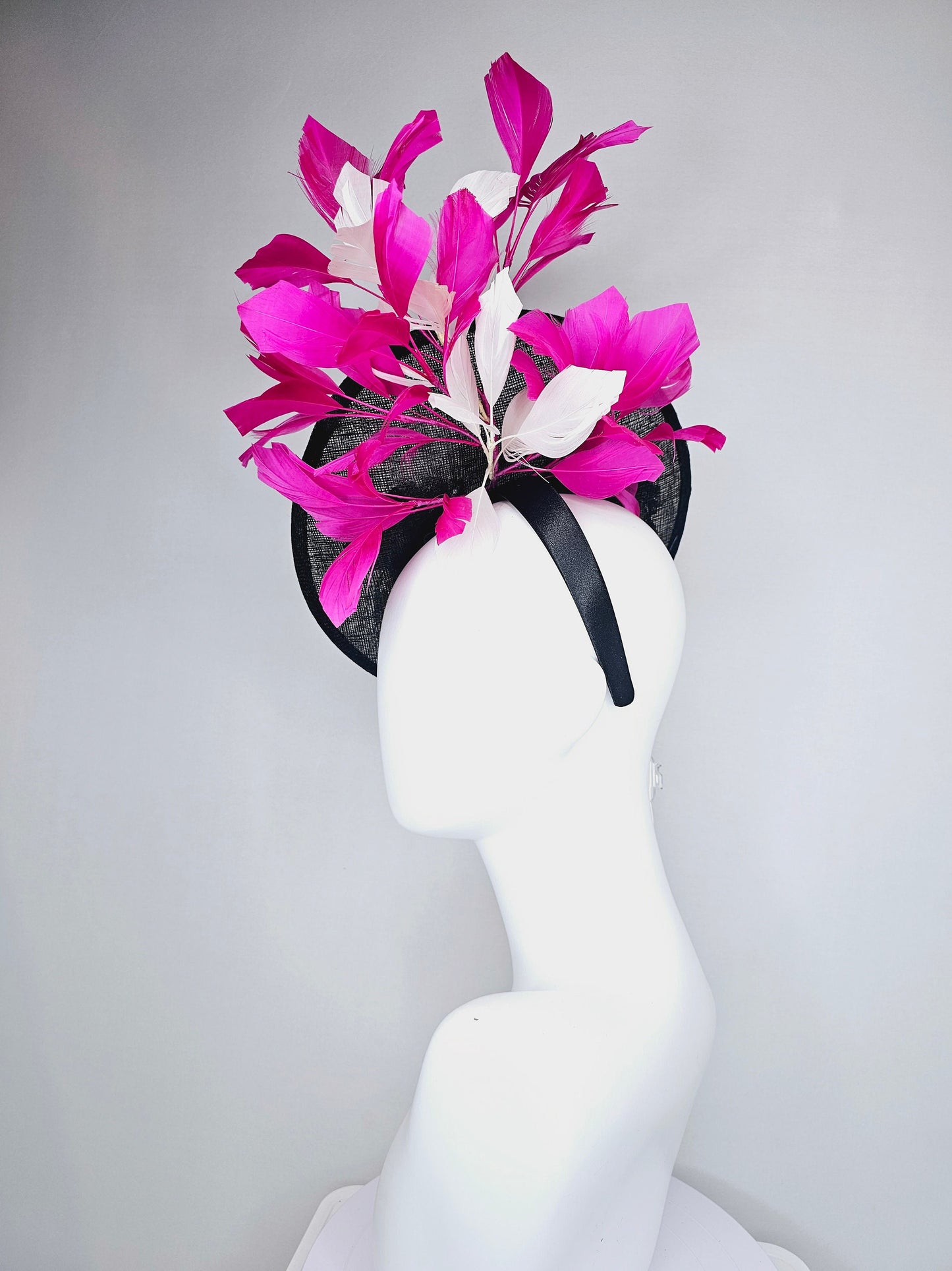 kentucky derby hat fascinator black sinamay saucer with beaded embroidered white black silver horse pink feathers