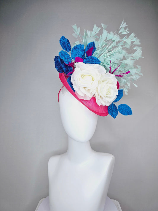 kentucky derby hat fascinator pink sinamay saucer with white roses turquoise blue leaves and mint green feathers