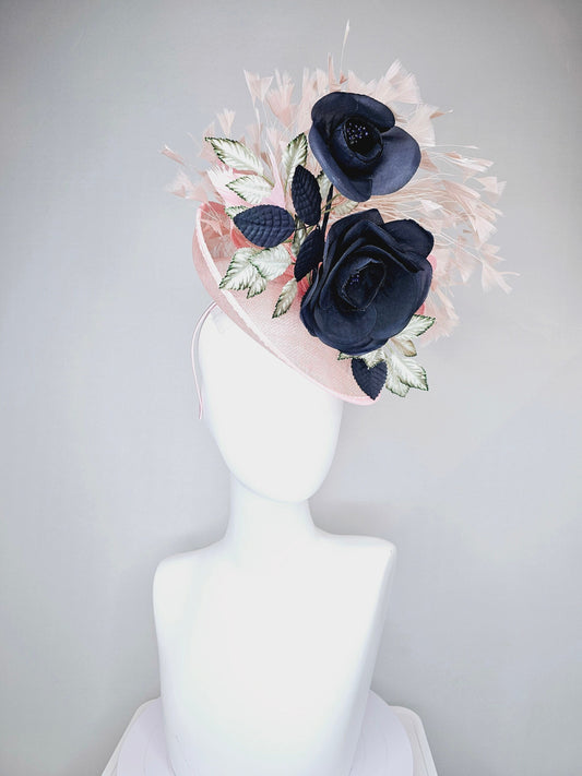 kentucky derby hat fascinator light pink  sinamay saucer with black silk flowers silver green ivory leaves and pink feathers