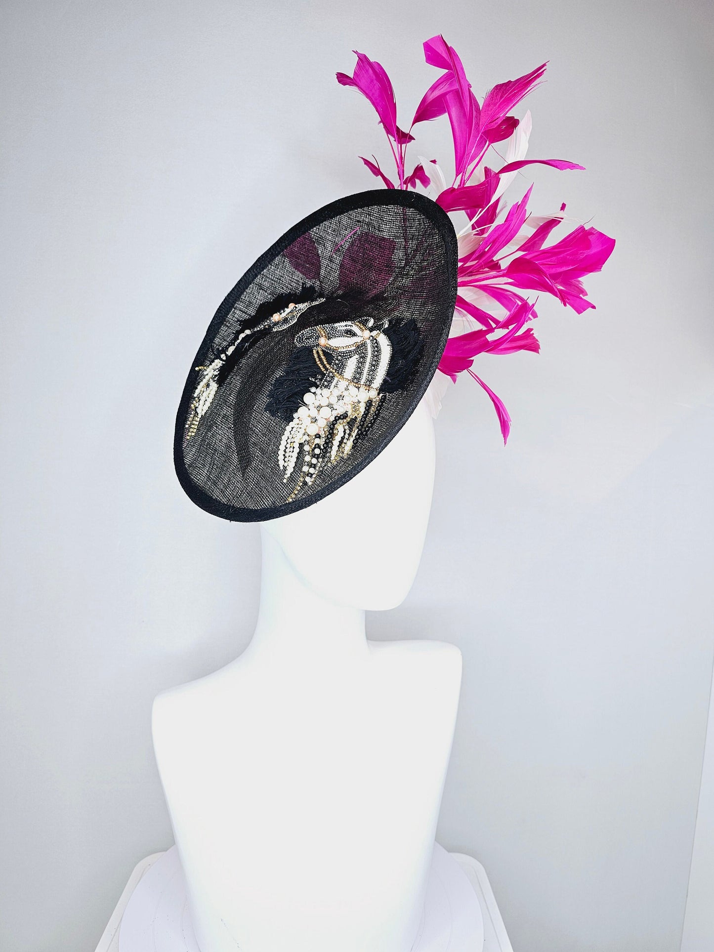 kentucky derby hat fascinator black sinamay saucer with beaded embroidered white black silver horse pink feathers