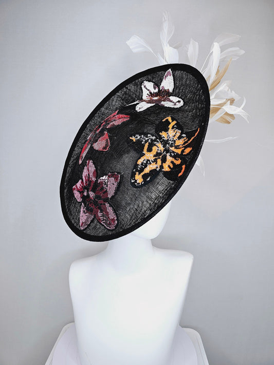 kentucky derby hat fascinator black sinamay saucer sequin red gold orange white flowers with white gold feathers