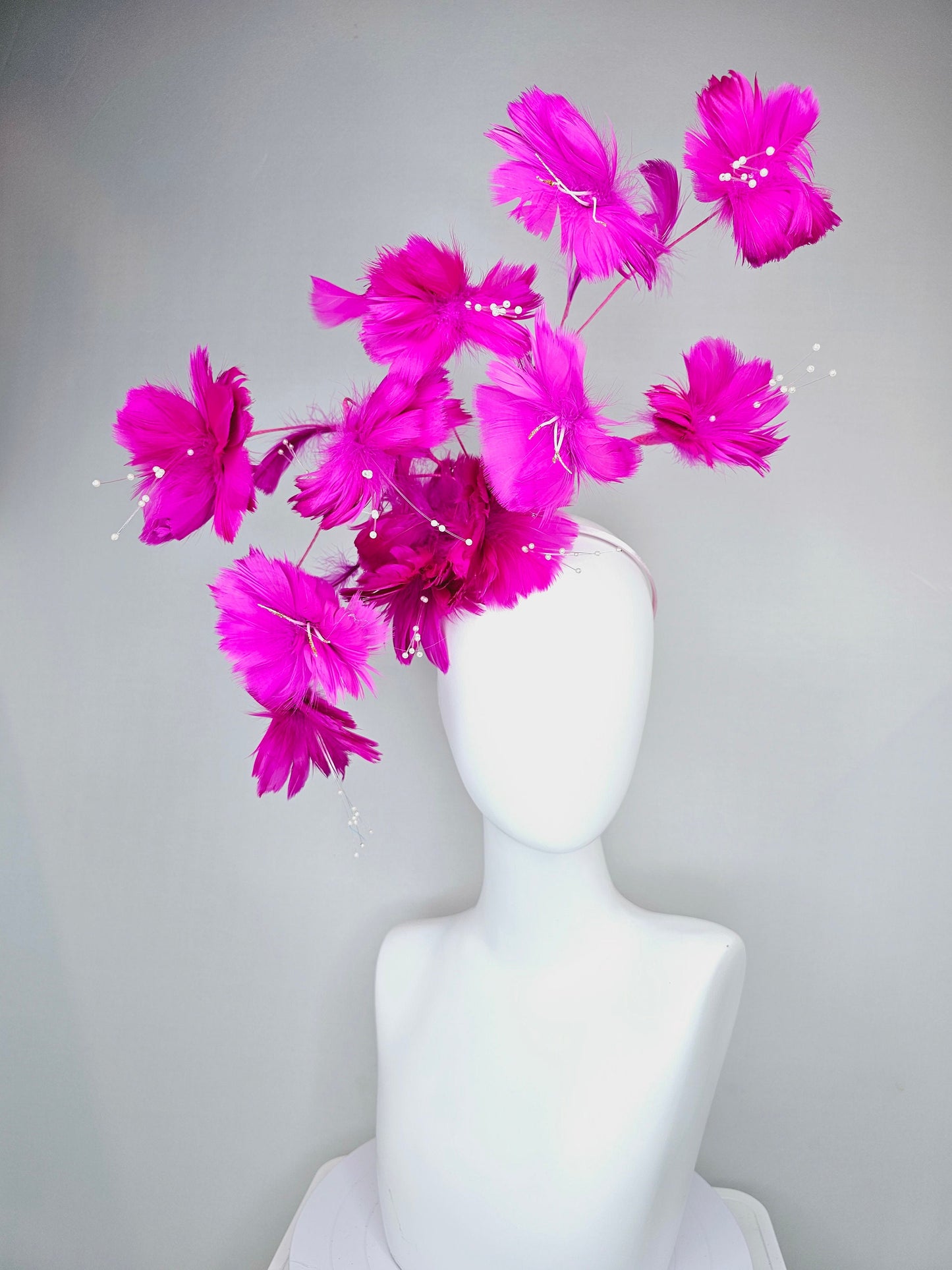 kentucky derby hat fascinator fuchsia bright hot pink two tone branching feather flower headpiece