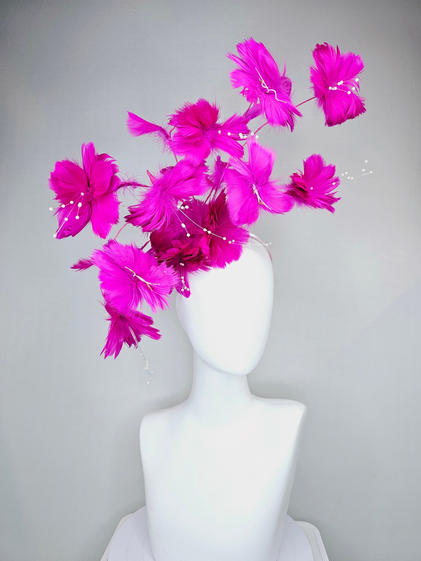 kentucky derby hat fascinator fuchsia bright hot pink two tone branching feather flower headpiece