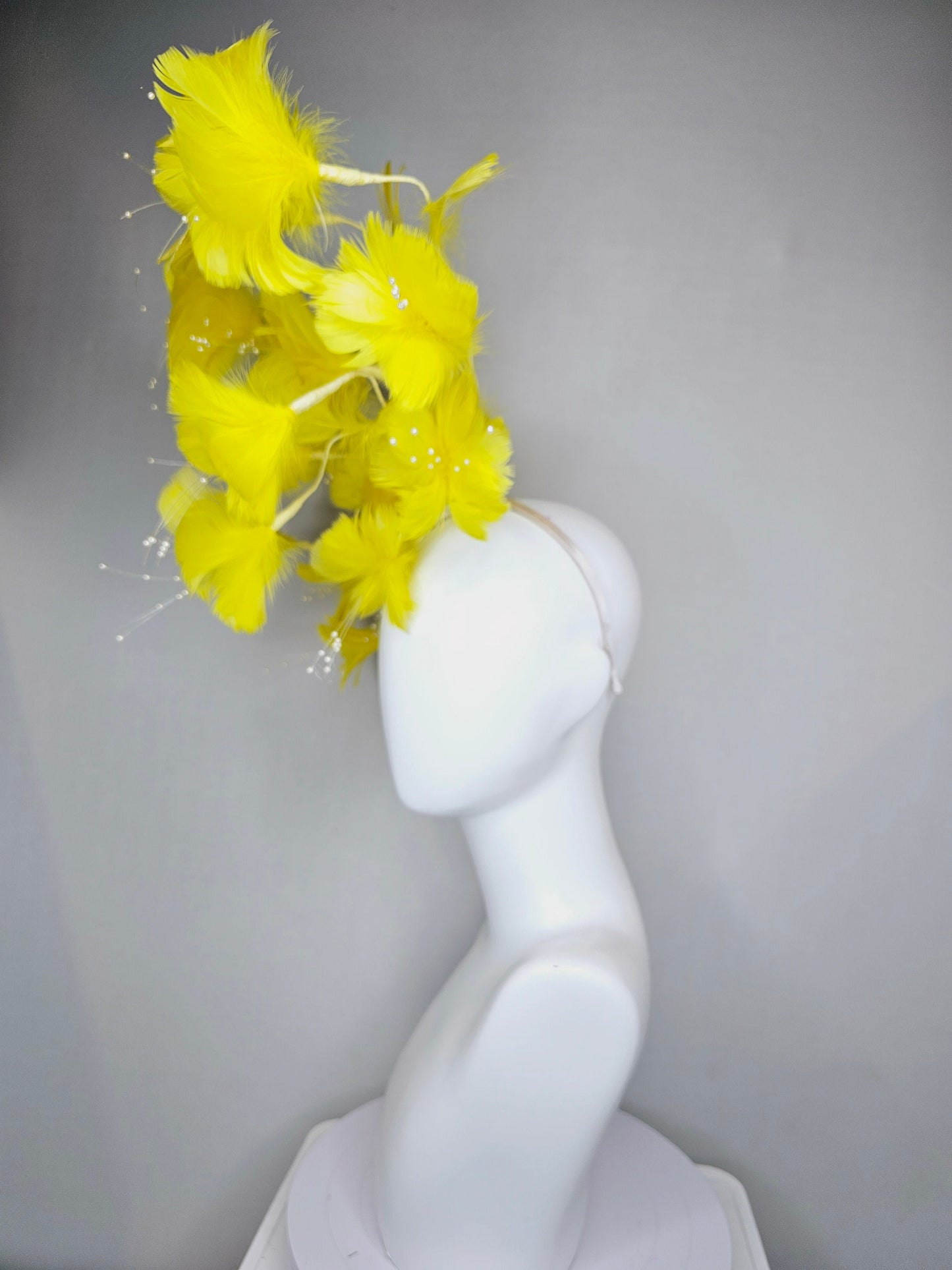 kentucky derby hat fascinator bright yellow branching feather flower headpiece with pearls