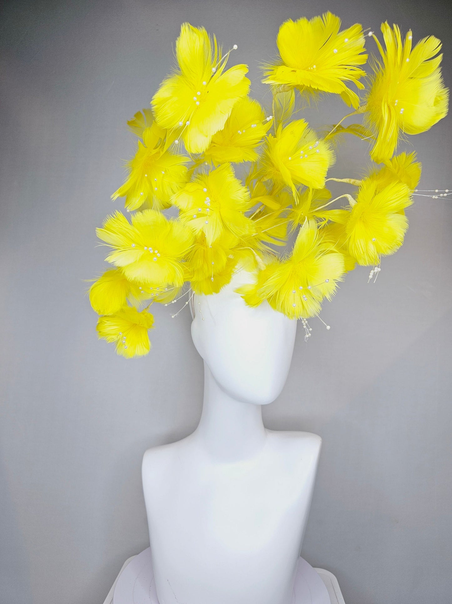 kentucky derby hat fascinator bright yellow branching feather flower headpiece with pearls