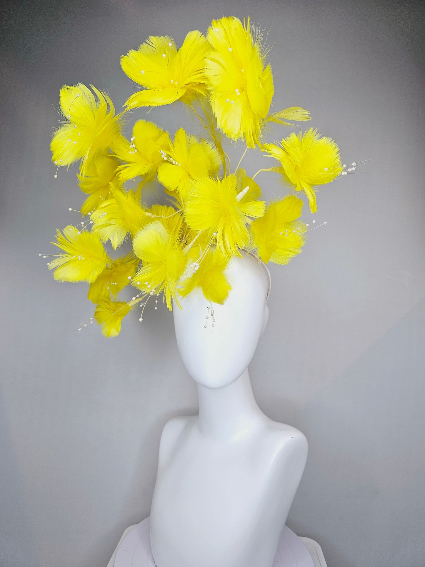 kentucky derby hat fascinator bright yellow branching feather flower headpiece with pearls