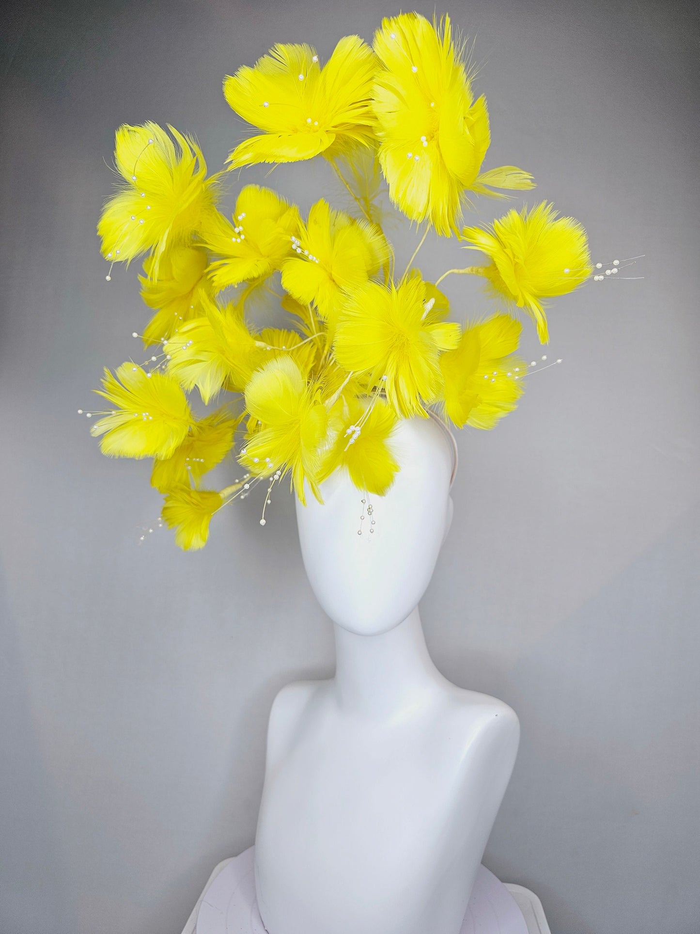 kentucky derby hat fascinator bright yellow branching feather flower headpiece with pearls