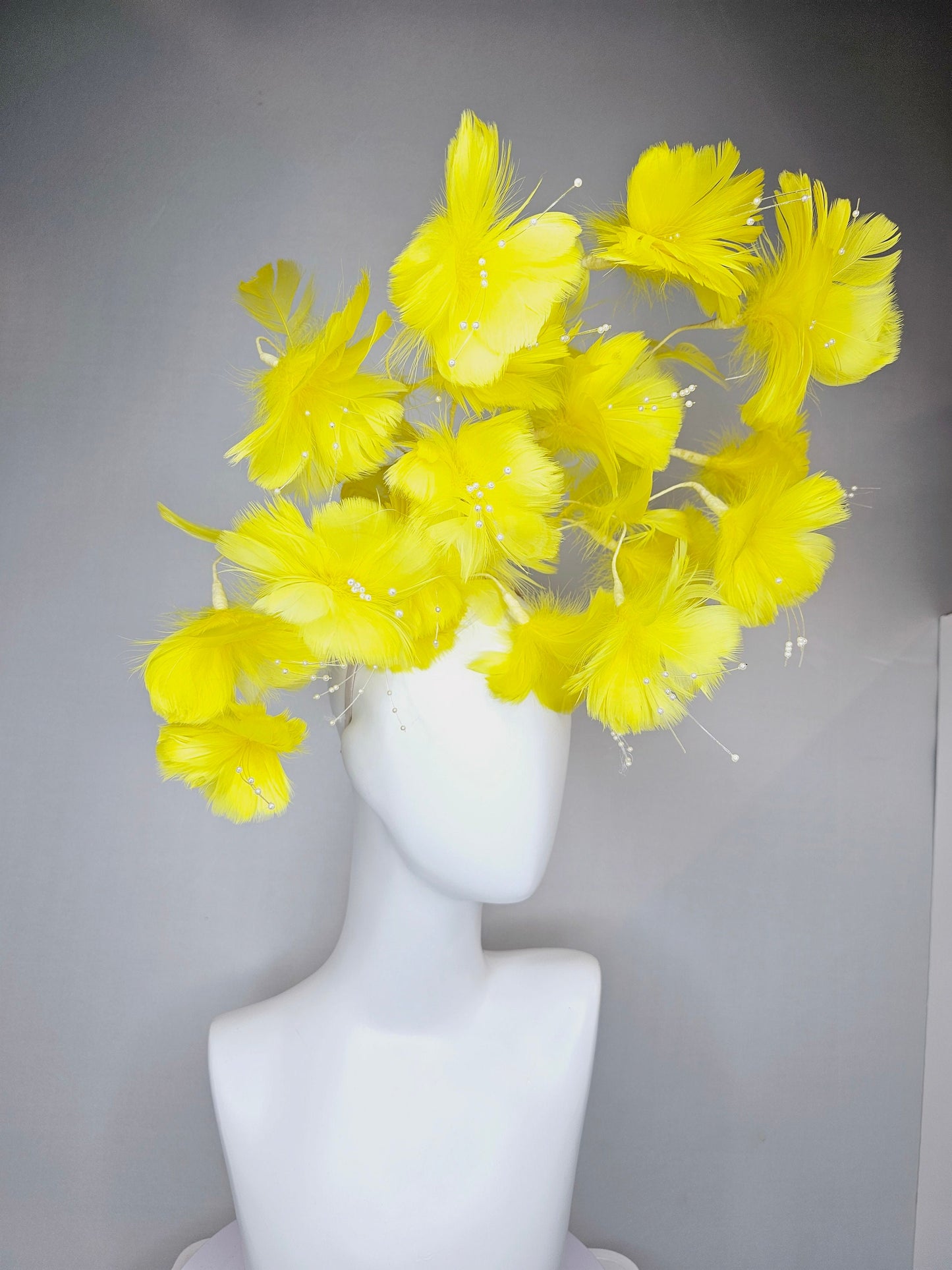 kentucky derby hat fascinator bright yellow branching feather flower headpiece with pearls