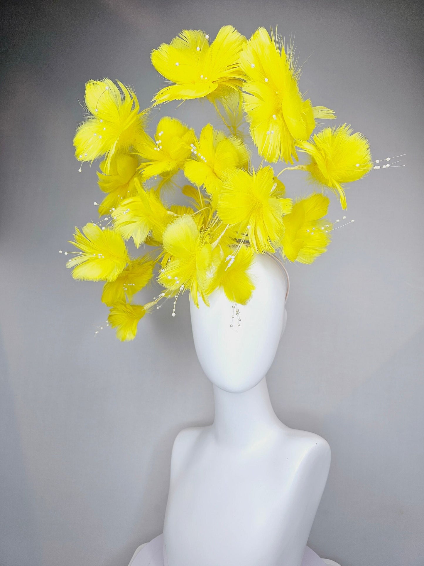 kentucky derby hat fascinator bright yellow branching feather flower headpiece with pearls