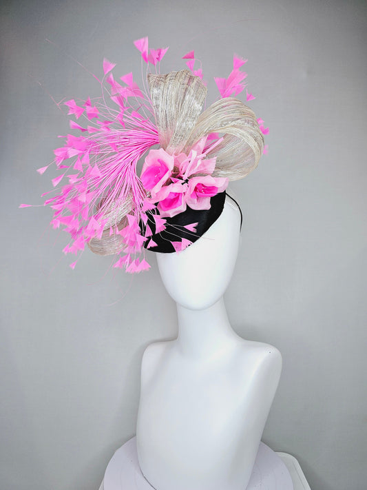 kentucky derby hat fascinator black satin with fuchsia hot pink silk flower and pink feathers and ivory silver metallic silk