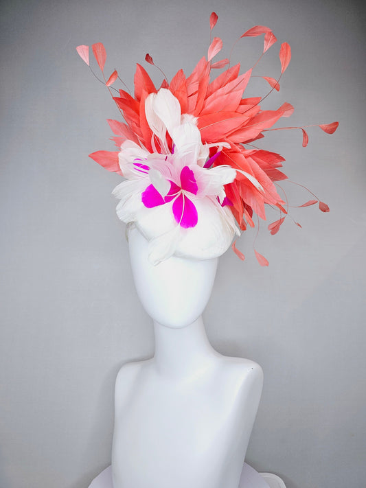 kentucky derby hat fascinator white satin with orange coral feathers with white and fuchsia pink feather flower