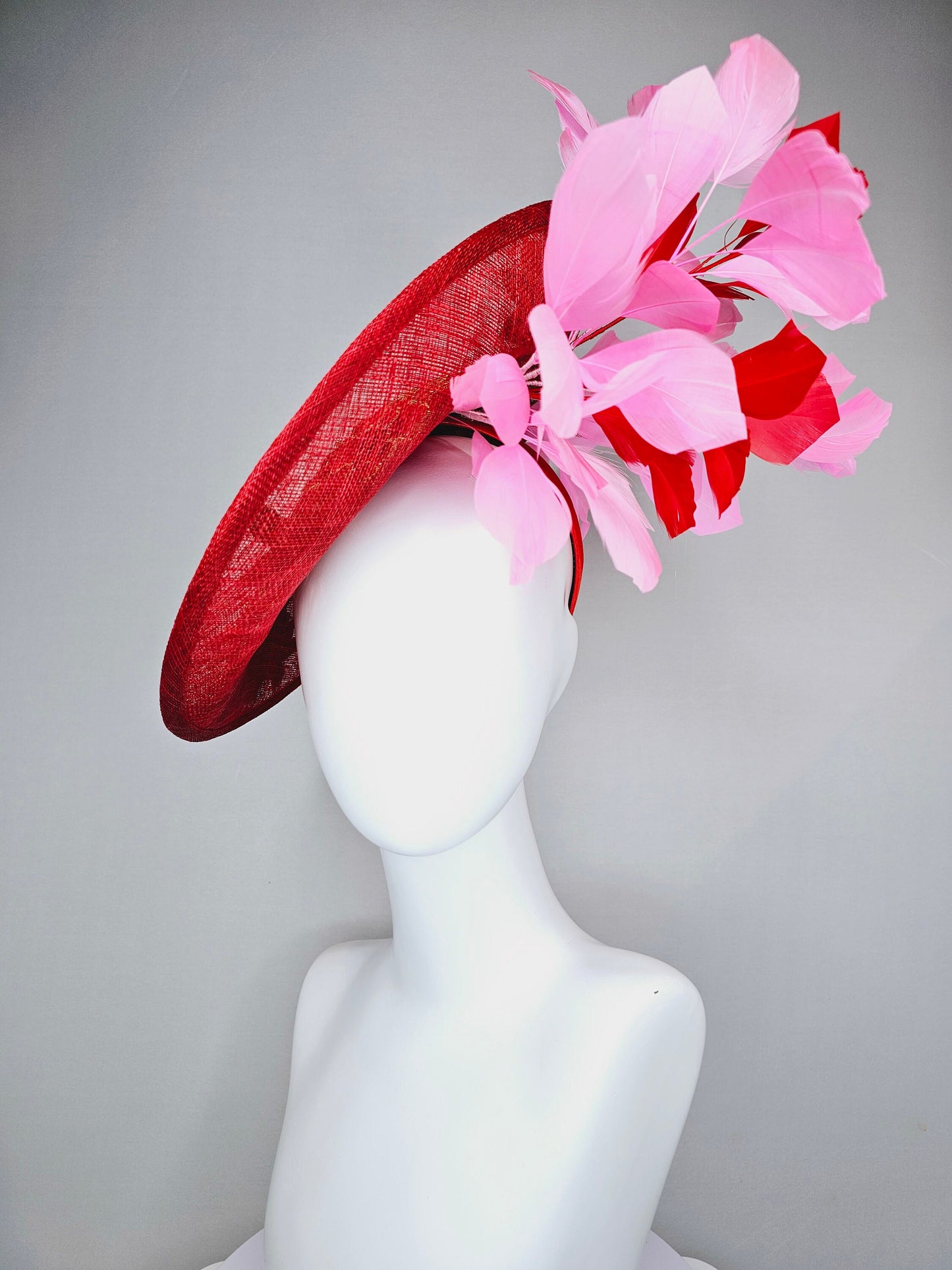 kentucky derby hat fascinator red sinamay saucer with red green gold  embroidered flowers pink and red feathers