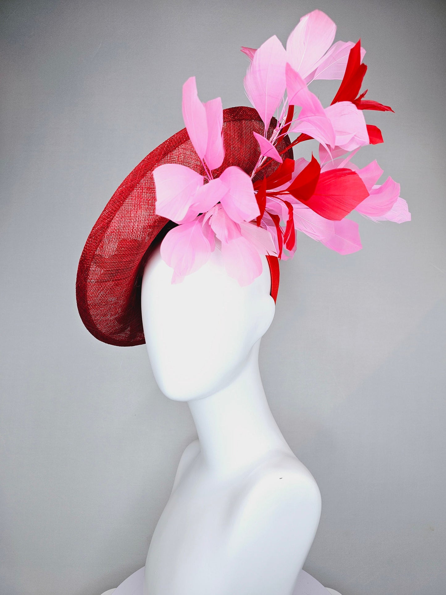 kentucky derby hat fascinator red sinamay saucer with red green gold  embroidered flowers pink and red feathers