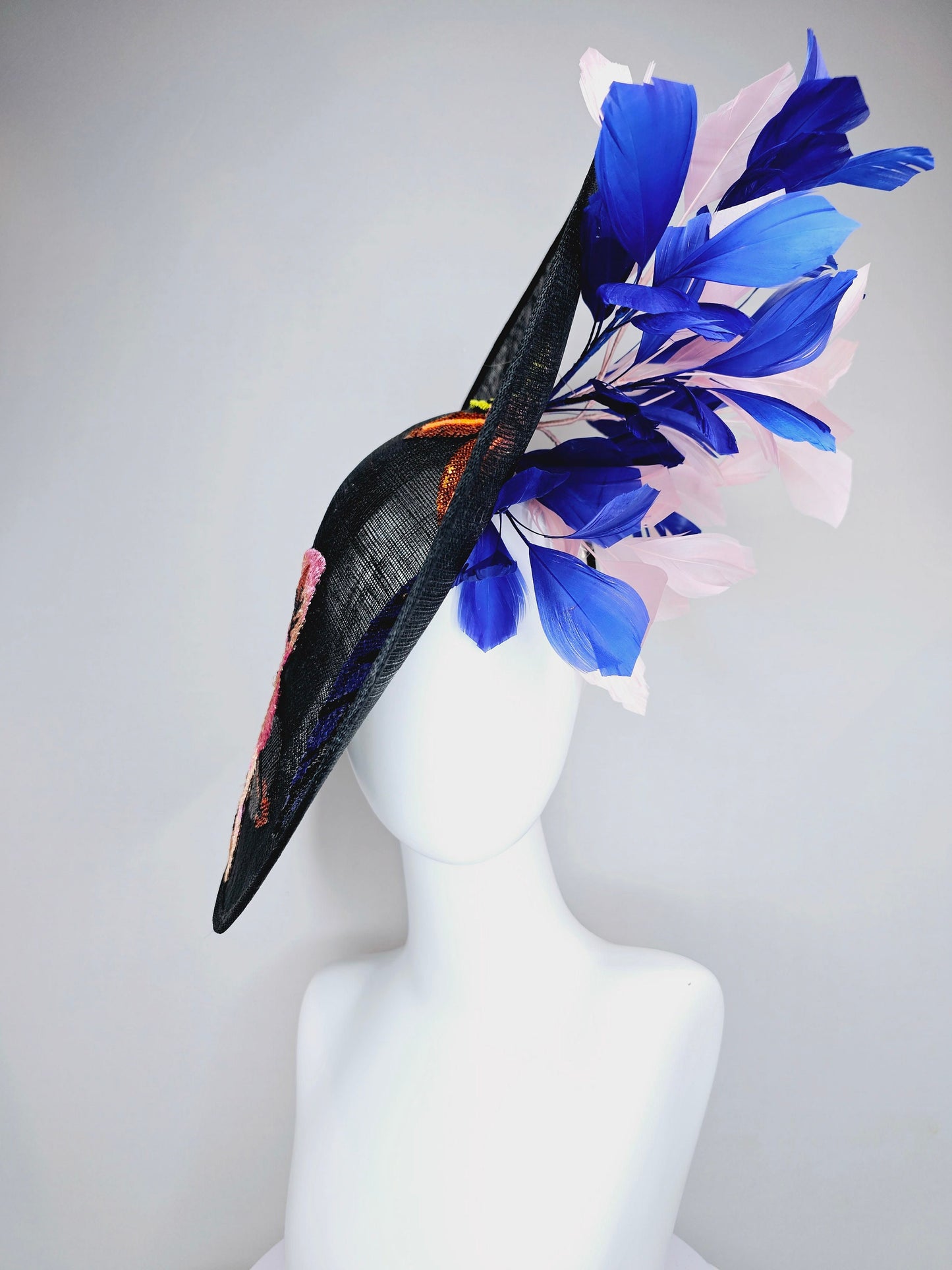 kentucky derby hat fascinator black sinamay saucer with yellow pink blue sequin embroidered  flowers and blush pink blue feathers