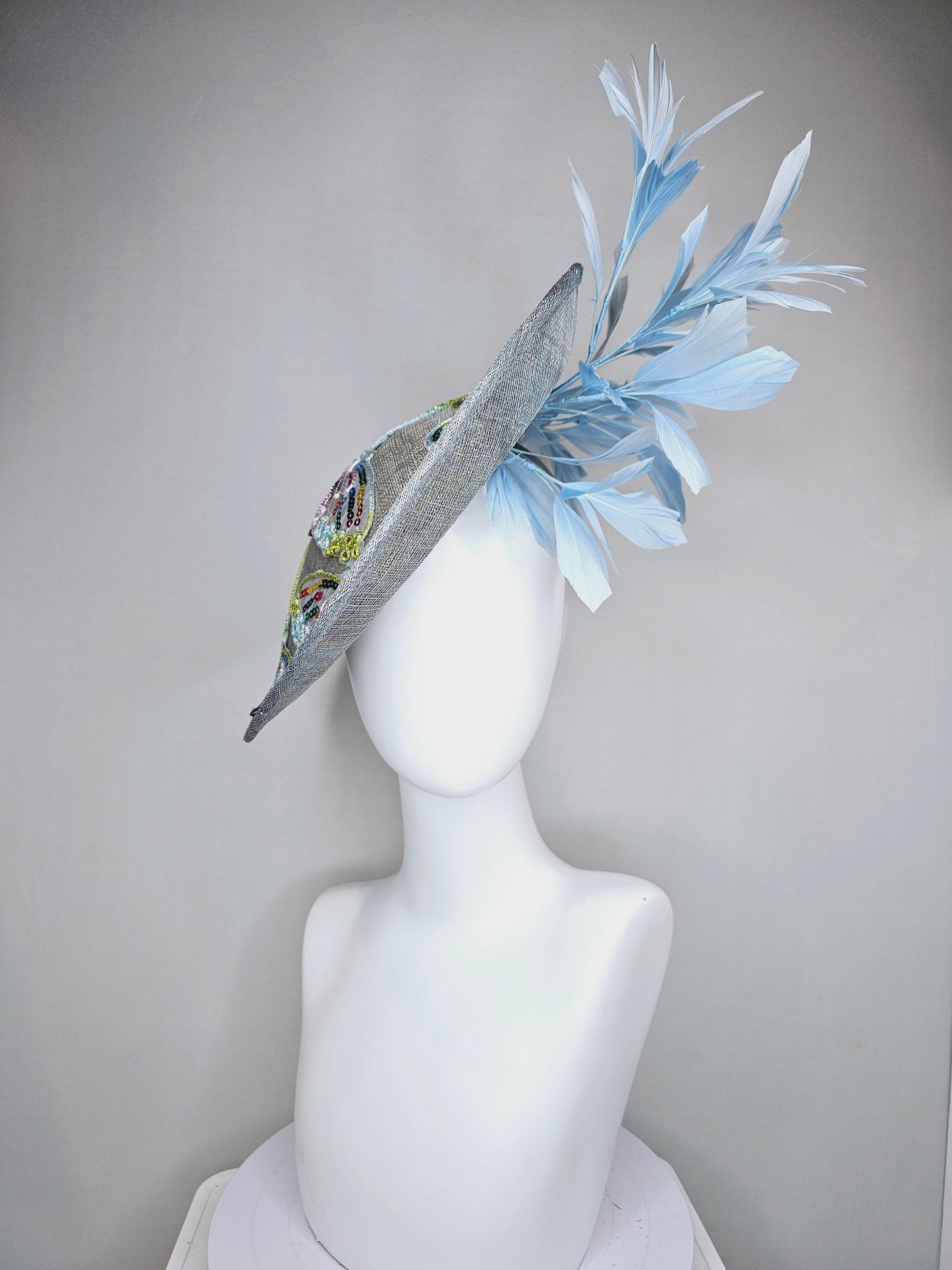 kentucky derby hat fascinator light blue sinamay saucer light blue feathers sequin embroidered rainbow butterflies