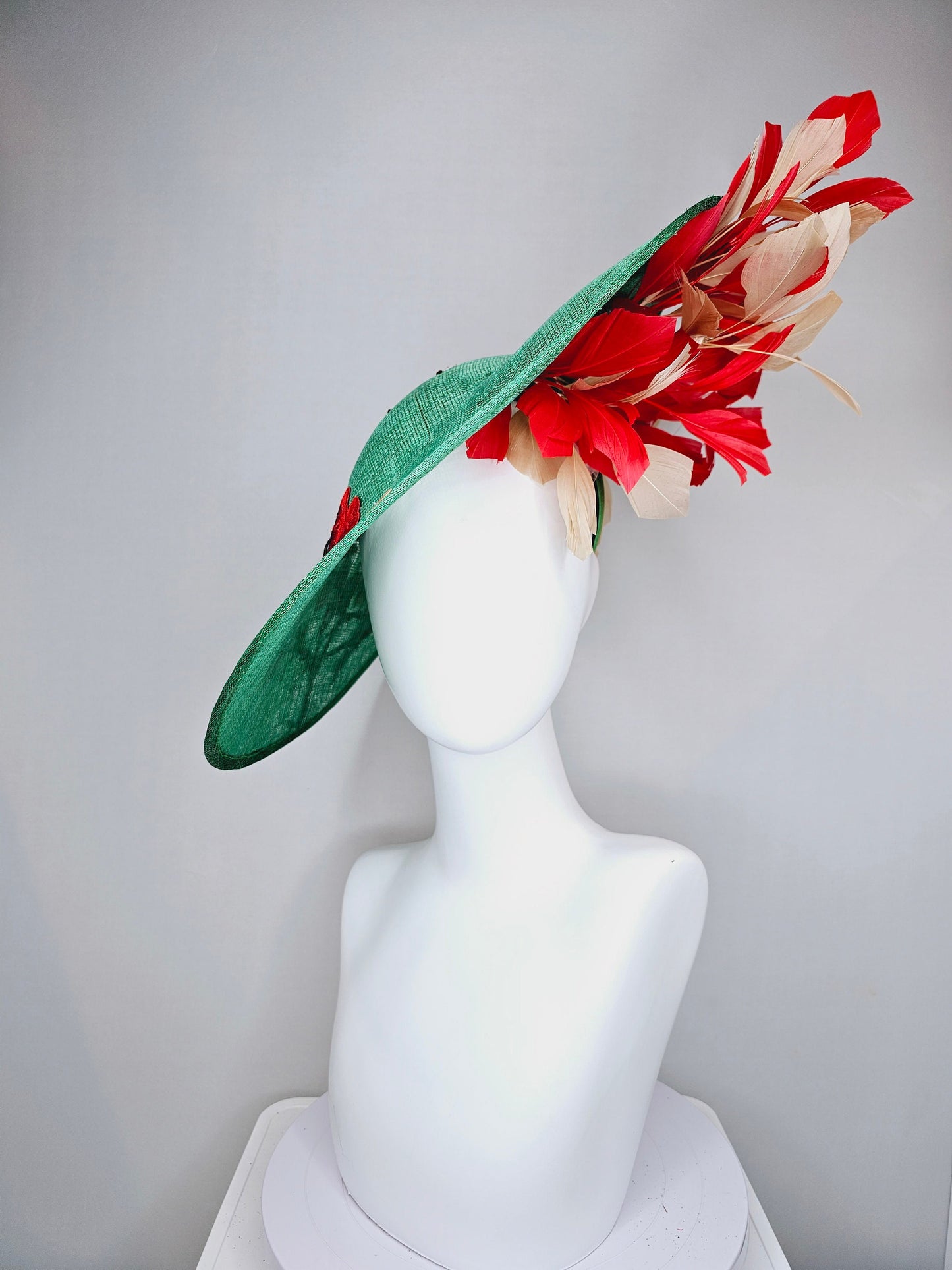 kentucky derby hat fascinator green sinamay saucer with embroidered gold red brown ivory flowers and red and gold  feathers