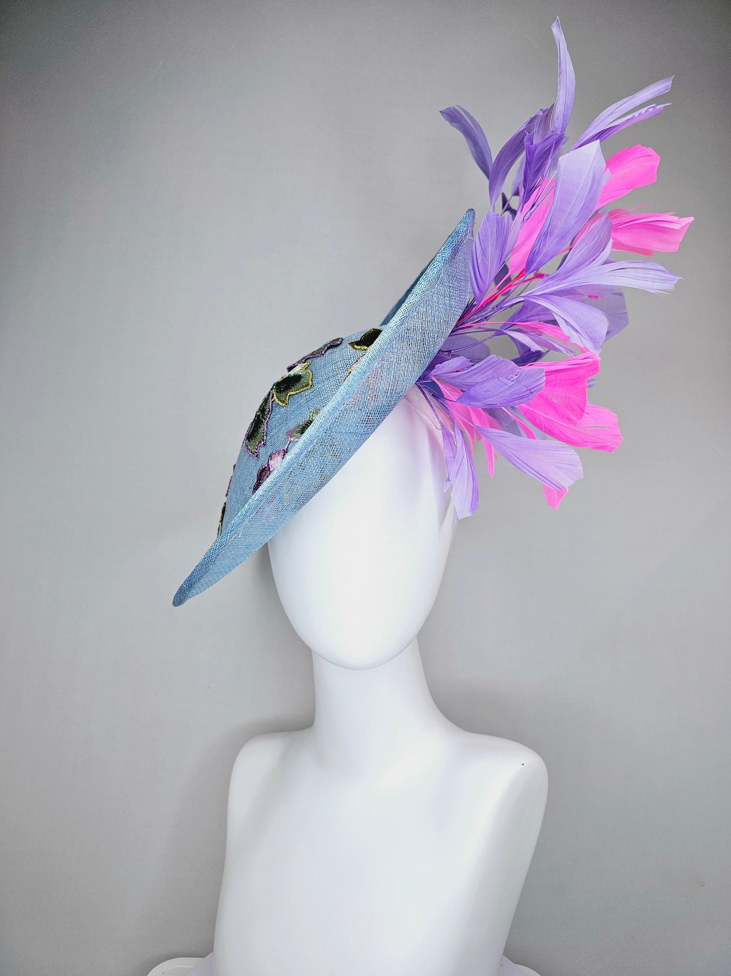 kentucky derby hat fascinator light blue sinamay saucer with embroidered gold pink lavender purple flowers and pink and purple  feathers