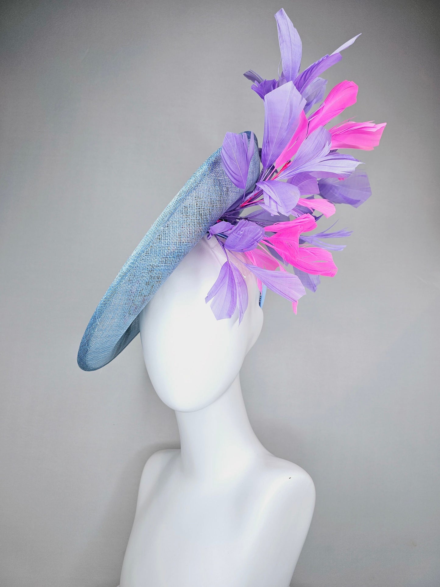 kentucky derby hat fascinator light blue sinamay saucer with embroidered gold pink lavender purple flowers and pink and purple  feathers