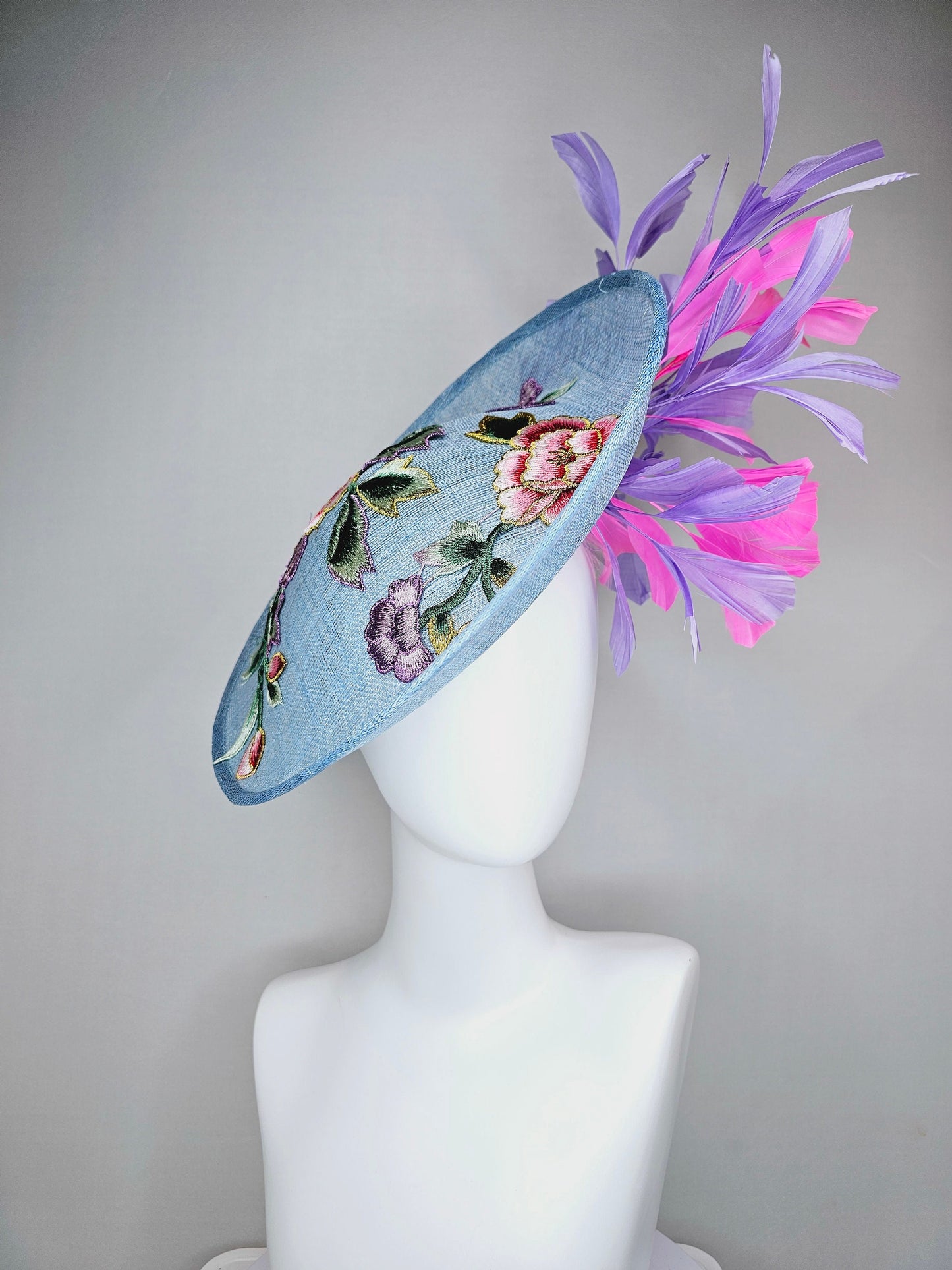 kentucky derby hat fascinator light blue sinamay saucer with embroidered gold pink lavender purple flowers and pink and purple  feathers