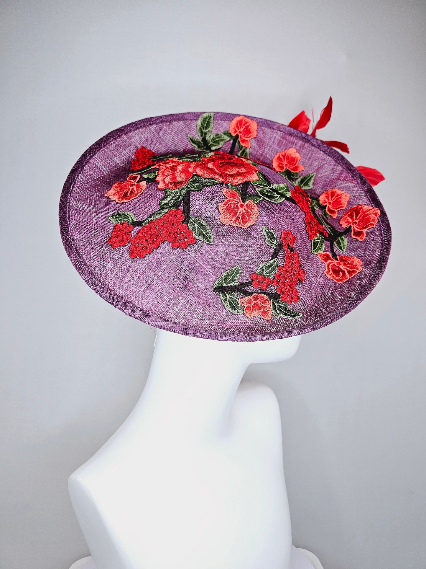 kentucky derby hat fascinator purple violet sinamay saucer with embroidered red coral green flowers with red feathers