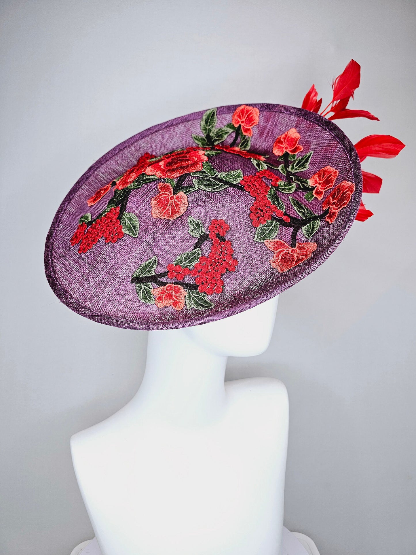 kentucky derby hat fascinator purple violet sinamay saucer with embroidered red coral green flowers with red feathers