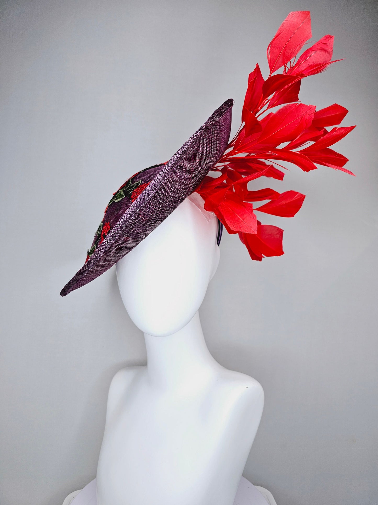 kentucky derby hat fascinator purple violet sinamay saucer with embroidered red coral green flowers with red feathers