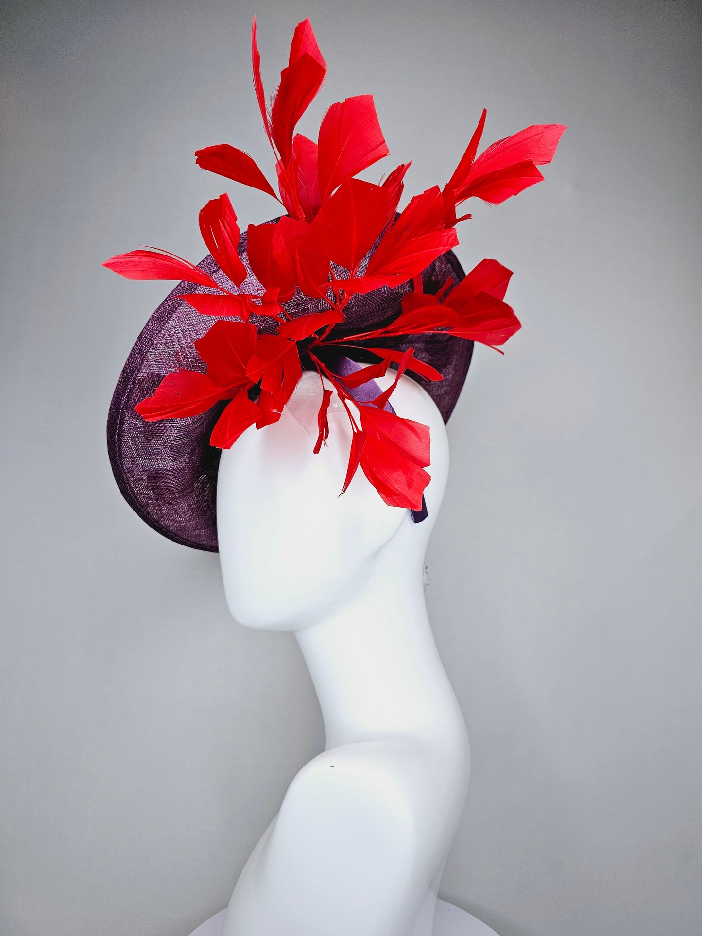 kentucky derby hat fascinator purple violet sinamay saucer with embroidered red coral green flowers with red feathers