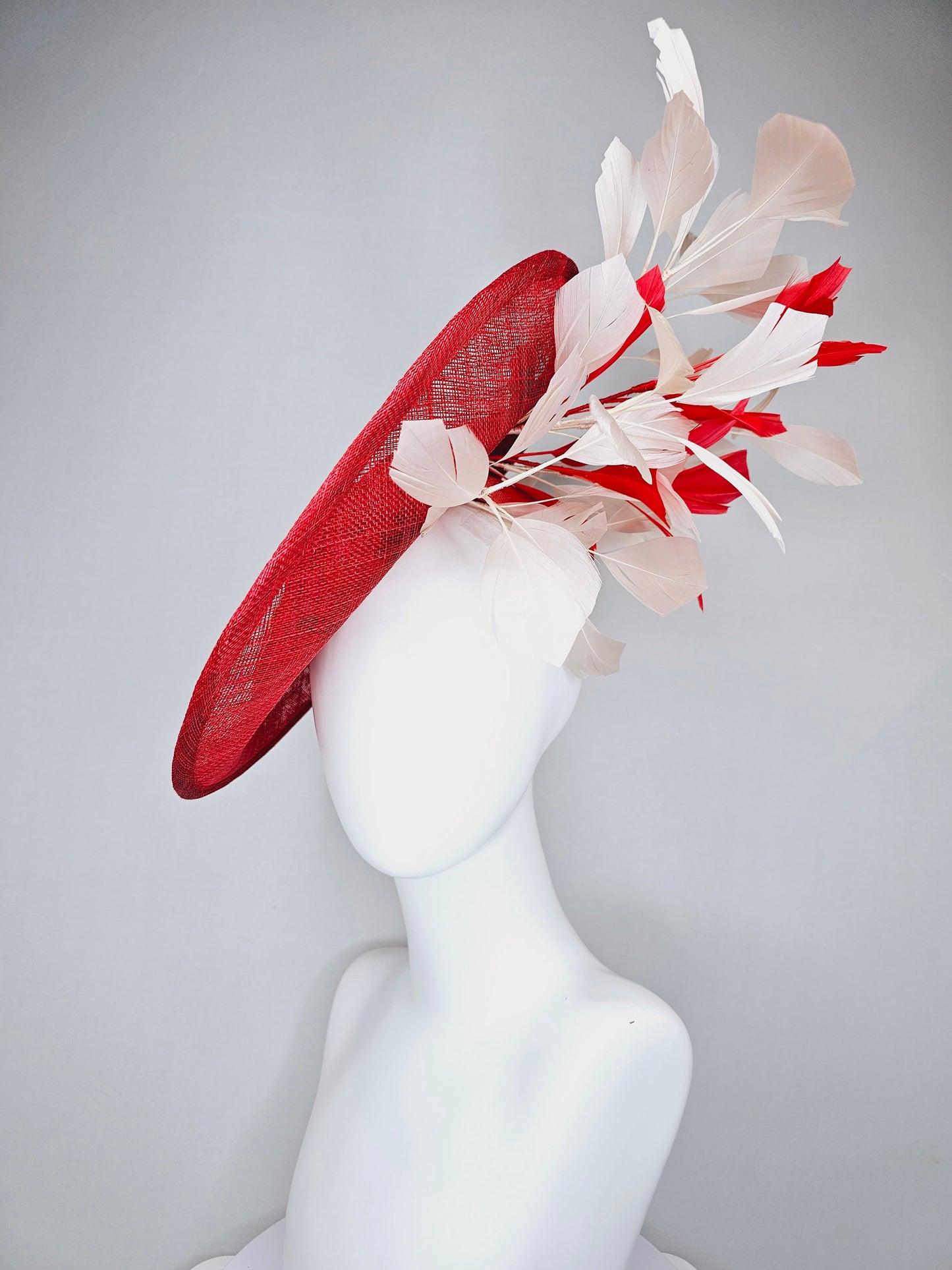 kentucky derby hat red sinamay saucer with red burgundy gold pink embroidered flowers with blush light pink red feathers