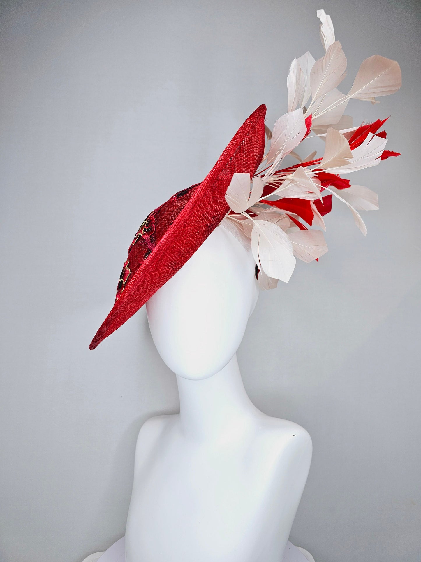 kentucky derby hat red sinamay saucer with red burgundy gold pink embroidered flowers with blush light pink red feathers
