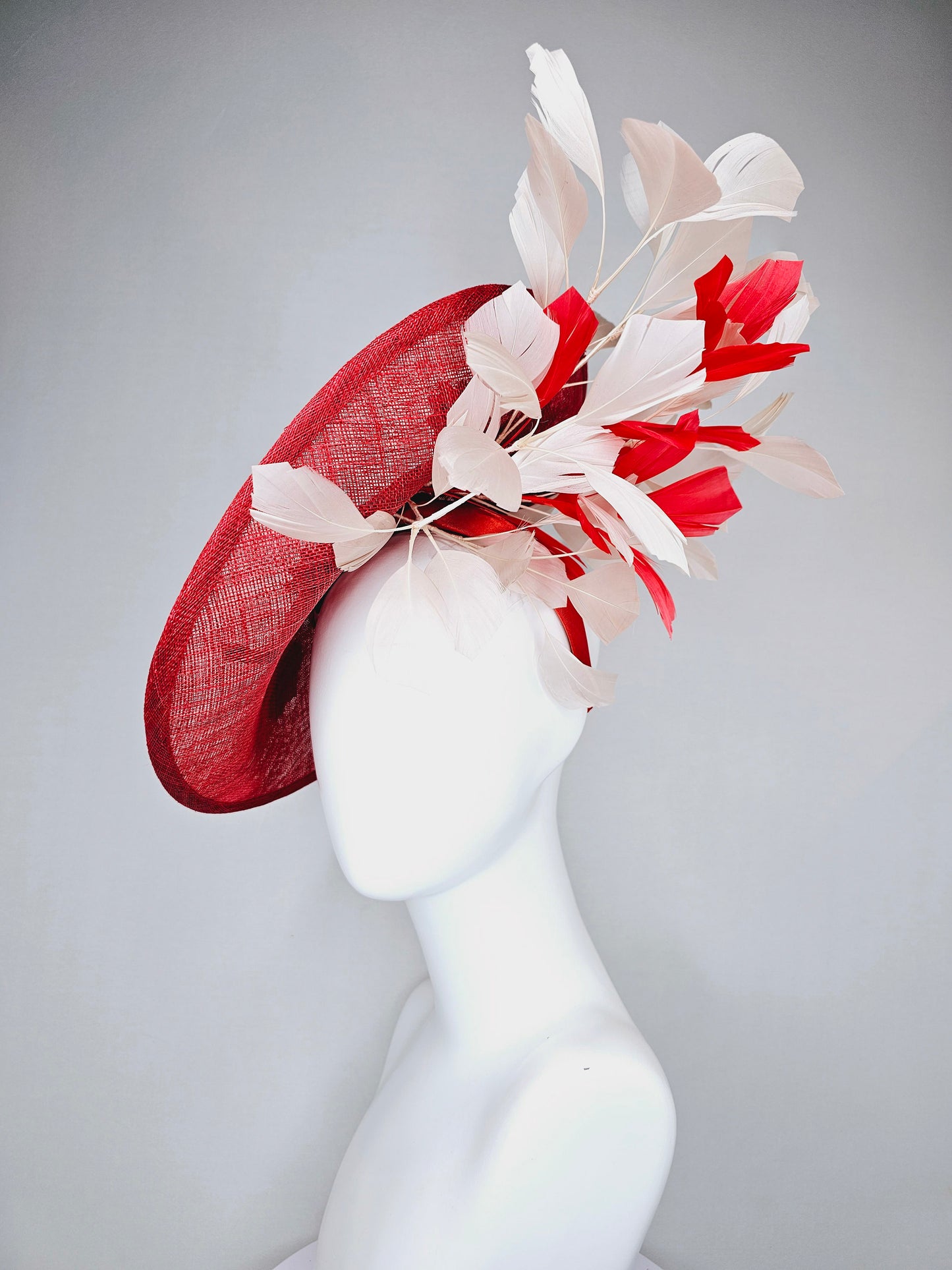 kentucky derby hat red sinamay saucer with red burgundy gold pink embroidered flowers with blush light pink red feathers