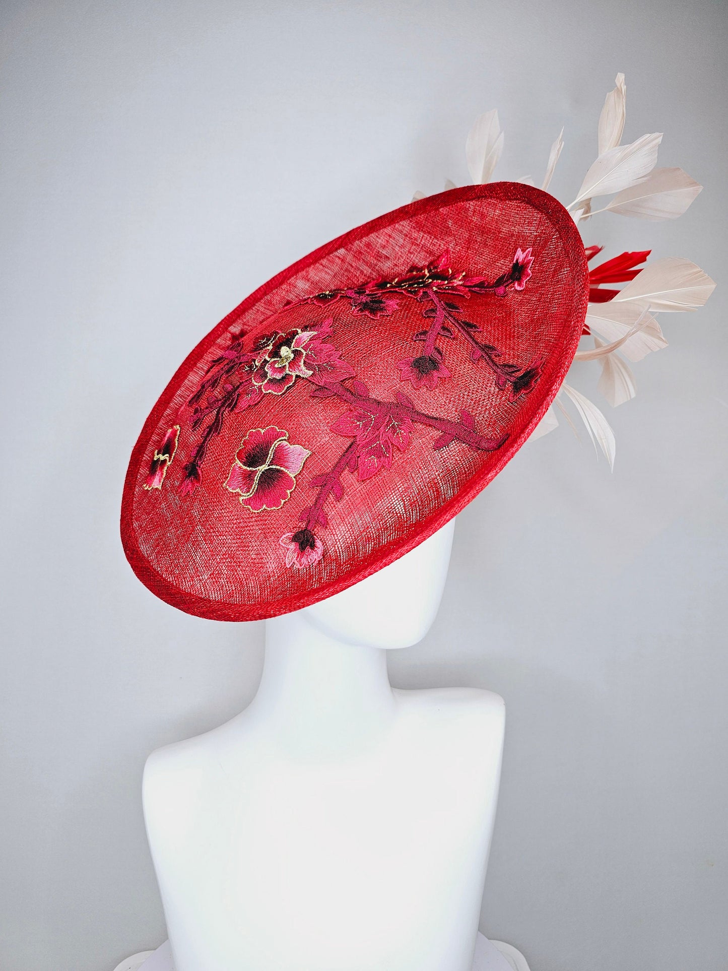 kentucky derby hat red sinamay saucer with red burgundy gold pink embroidered flowers with blush light pink red feathers