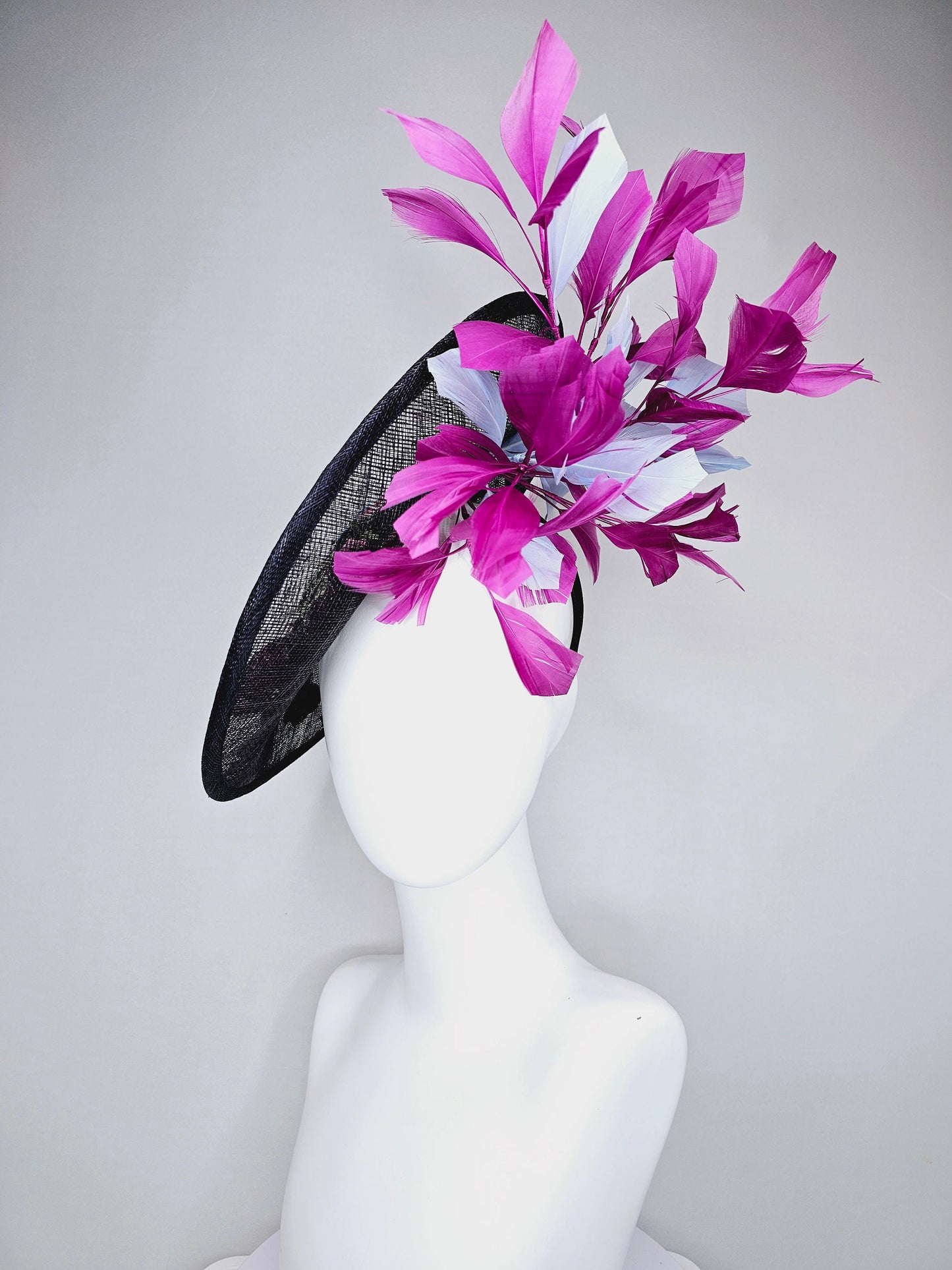kentucky derby hat navy sinamay saucer with purple lavender pink embroidered flowers with purple and light blue feathers