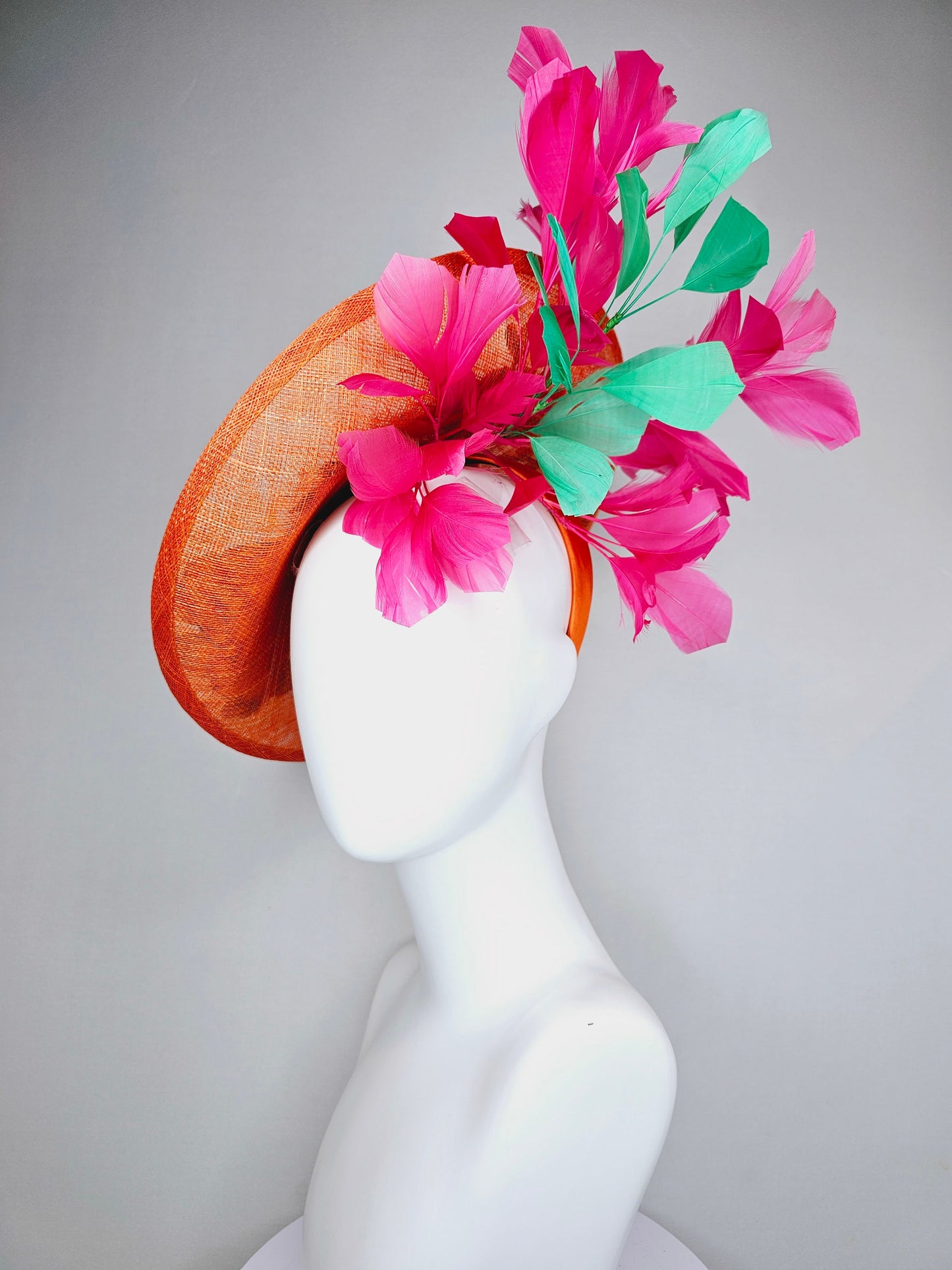 kentucky derby hat fascinator orange sinamay fascinator with pink fuchsia green embroidered flowers pink and green feathers