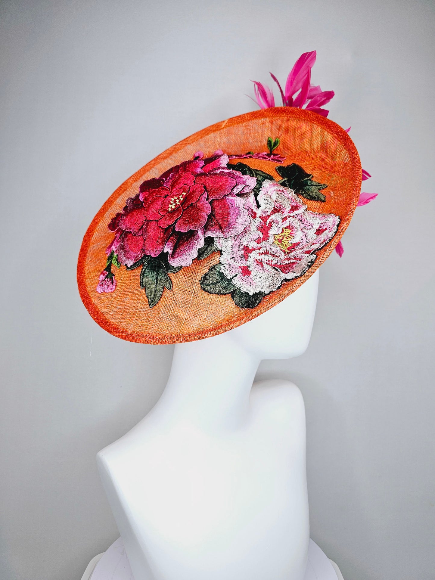 kentucky derby hat fascinator orange sinamay fascinator with pink fuchsia green embroidered flowers pink and green feathers