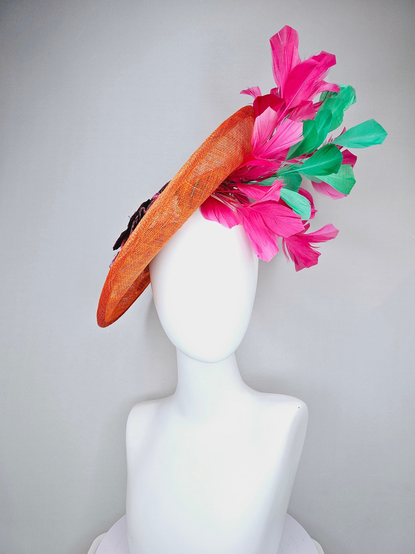 kentucky derby hat fascinator orange sinamay fascinator with pink fuchsia green embroidered flowers pink and green feathers