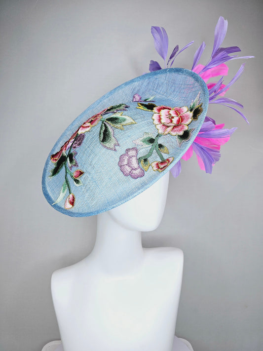 kentucky derby hat fascinator light blue sinamay saucer with embroidered gold pink lavender purple flowers and pink and purple  feathers