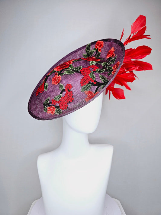 kentucky derby hat fascinator purple violet sinamay saucer with embroidered red coral green flowers with red feathers