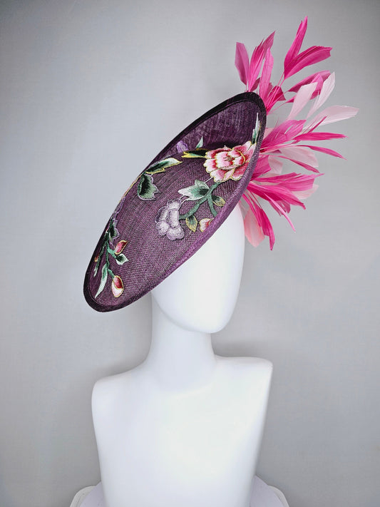 kentucky derby hat fascinator purple violet sinamay saucer with embroidered blue lavender pink green flowers with pink and blush feathers