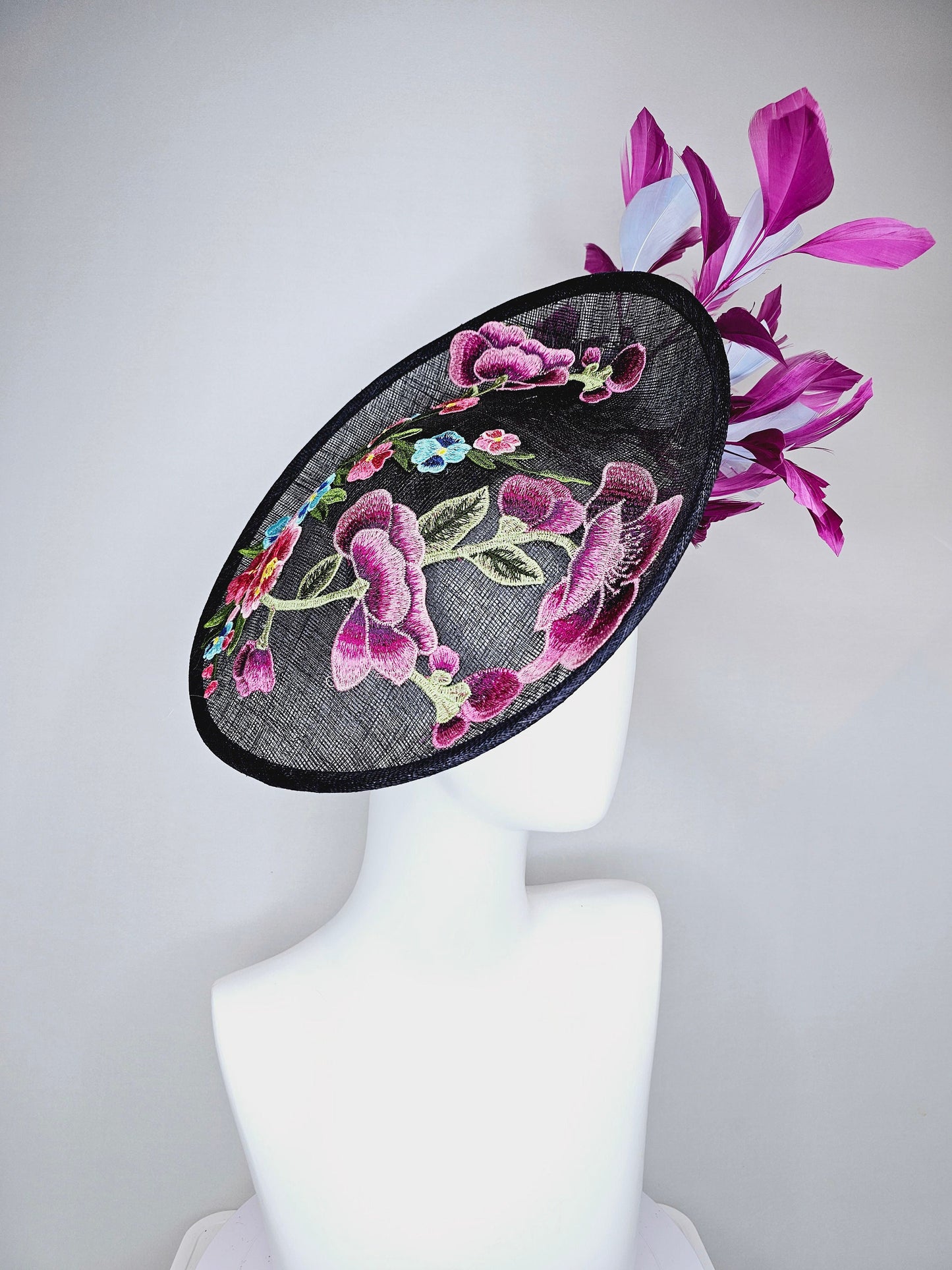 kentucky derby hat navy sinamay saucer with purple lavender pink embroidered flowers with purple and light blue feathers