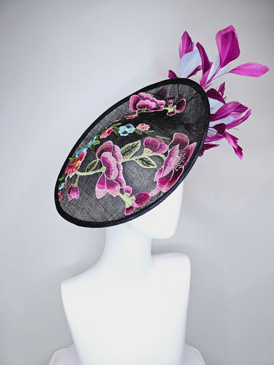 kentucky derby hat navy sinamay saucer with purple lavender pink embroidered flowers with purple and light blue feathers